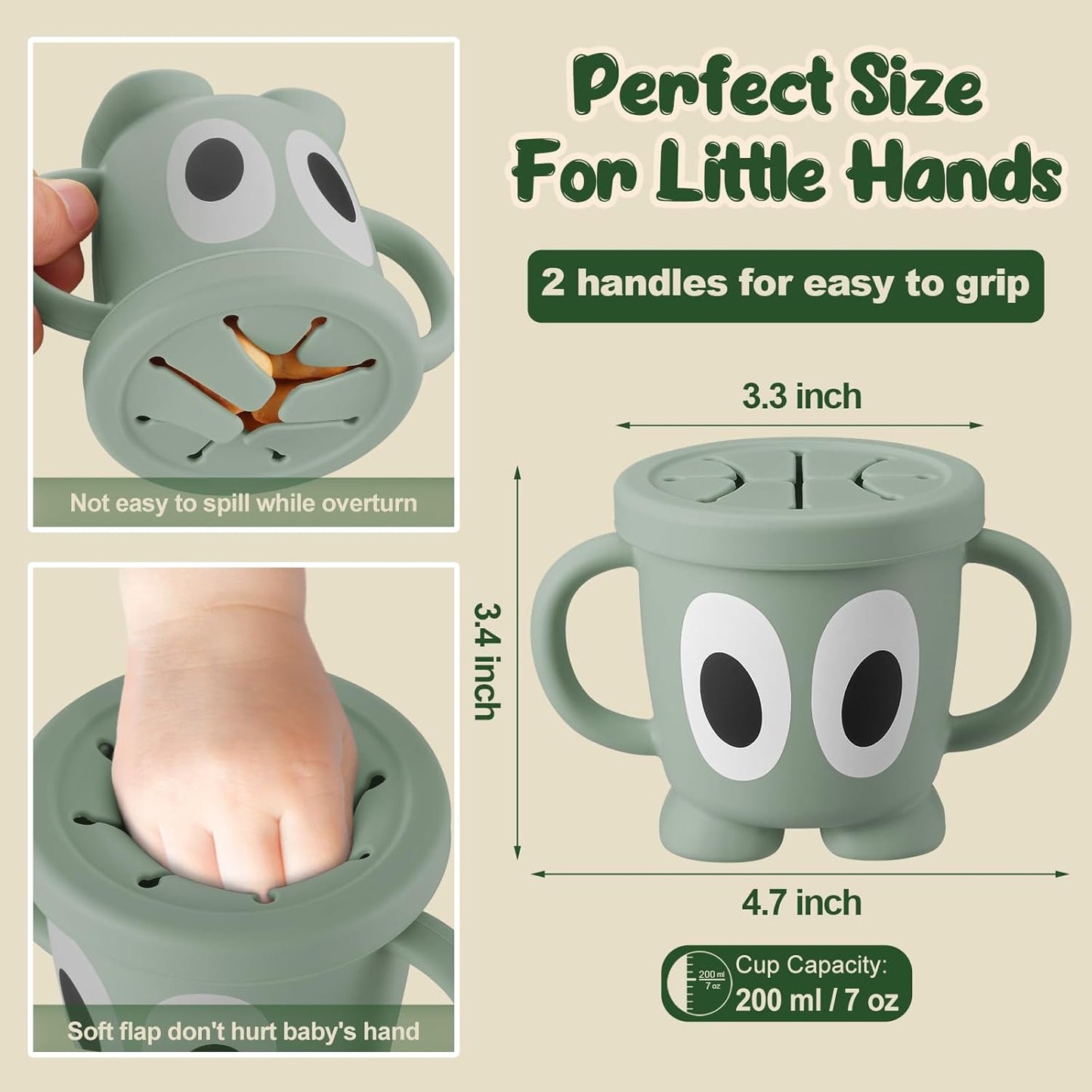 Silicone Snack Cups Food Container for Toddlers and Babies, Spill Proof Training Cup with Snack Cup Lid & Dust Proof Lid, Comes with a toy strap, Without BPA, Lead, or Phthalates (Beige)