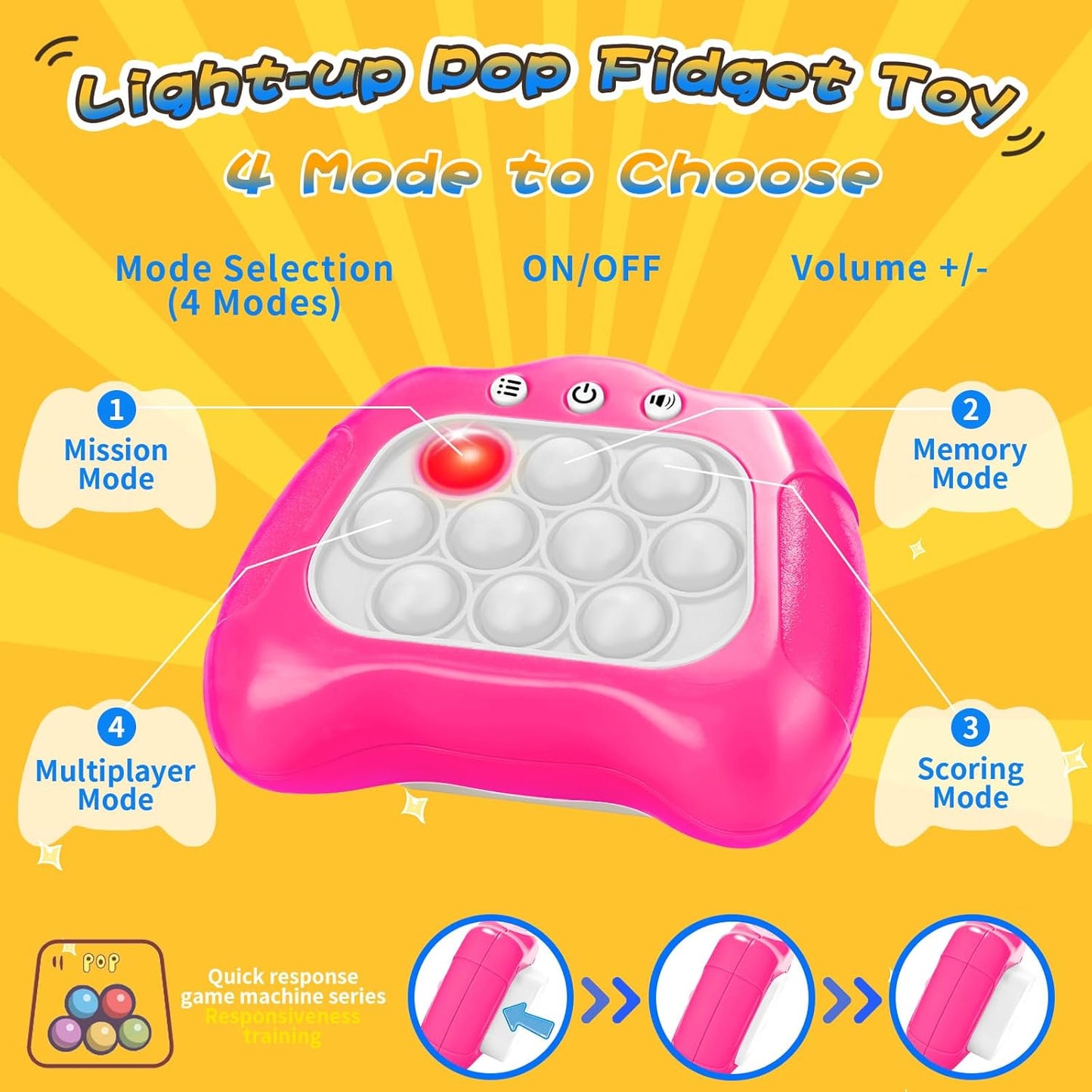 Fast Push Bubble Game, 2 Pack Light-up Pop Game Fidget Toys for Kids and Adults, Electronic Handheld Game Stress Relief Toys for 6 7 8 9 Year Old Boys & Girls (Blue+Pink)