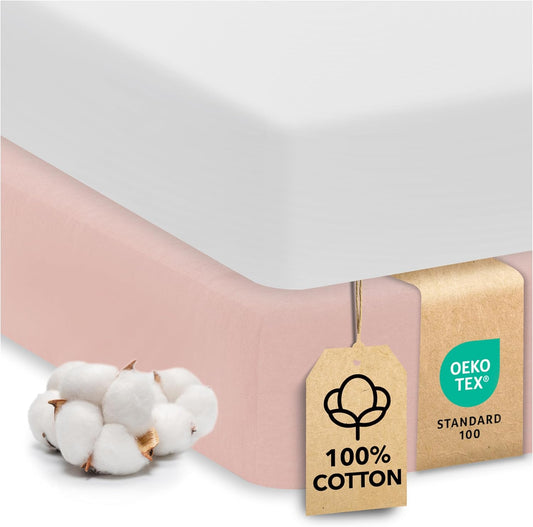 Sweety Fox 2-Pack Crib Sheets - Soft Jersey Cotton Fitted Sheets for Boys and Girls, Mini Crib Sheets, Toddler Bed Sheets (White/Pink)