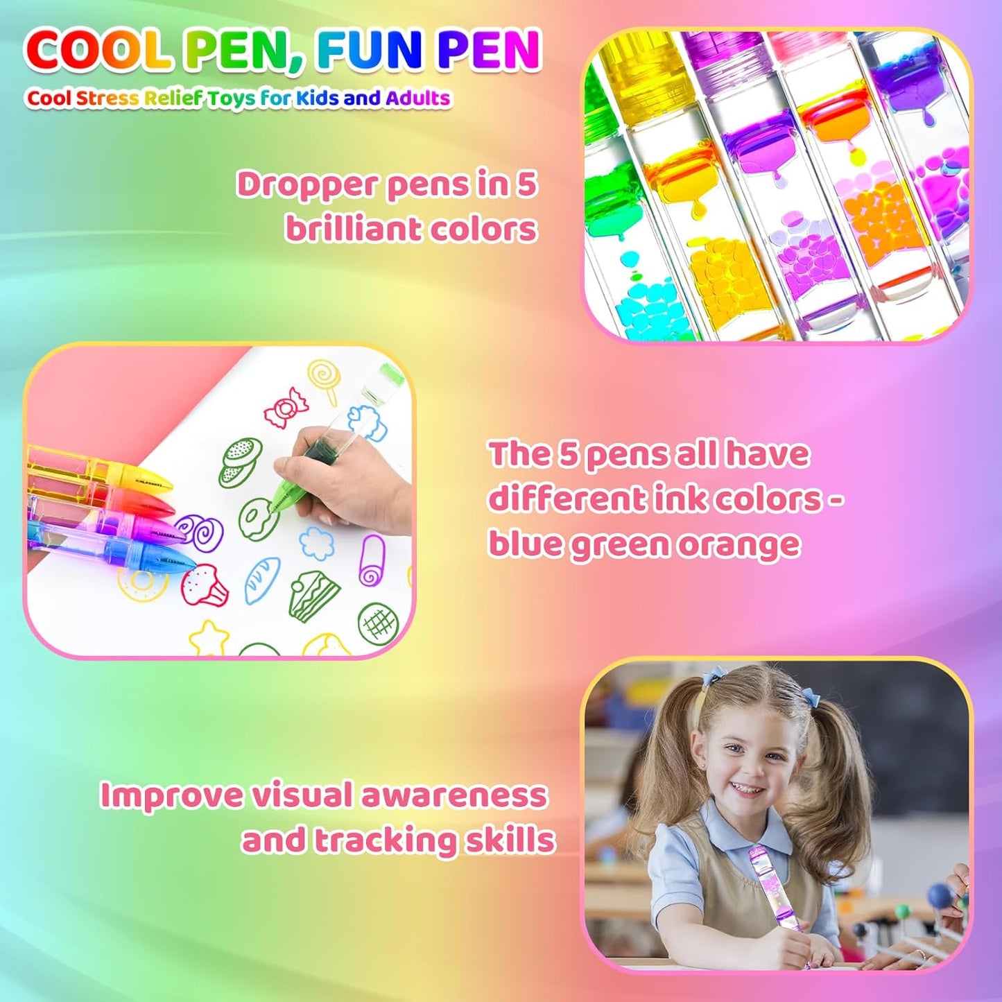 5PCS Liquid Pens Easter Basket Stuffers for Kids, Liquid Motion Bubble Fun Cool Pens Autism ADHD Anxiety Stress Relief Tools Quiet Fidget Sensory Autistic Toys Desk Toys Gift for Boys Girls