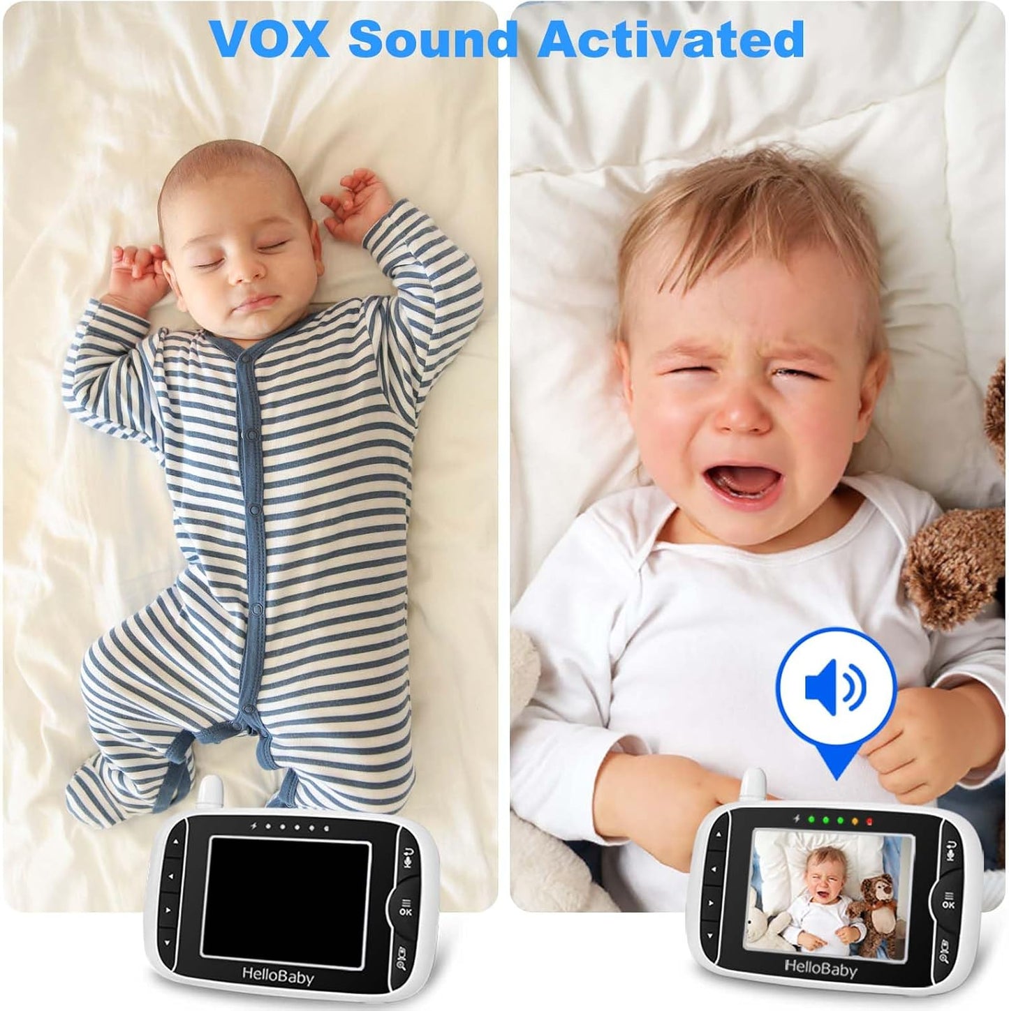 HelloBaby Baby Monitor with 2 Cameras, No WiFi, with Camera and Audio,Video, Night Vision 2-Way Audio, Fully Remote Pan & Tilt, 2X Zoom, ECO Mode, 8 Lullabies