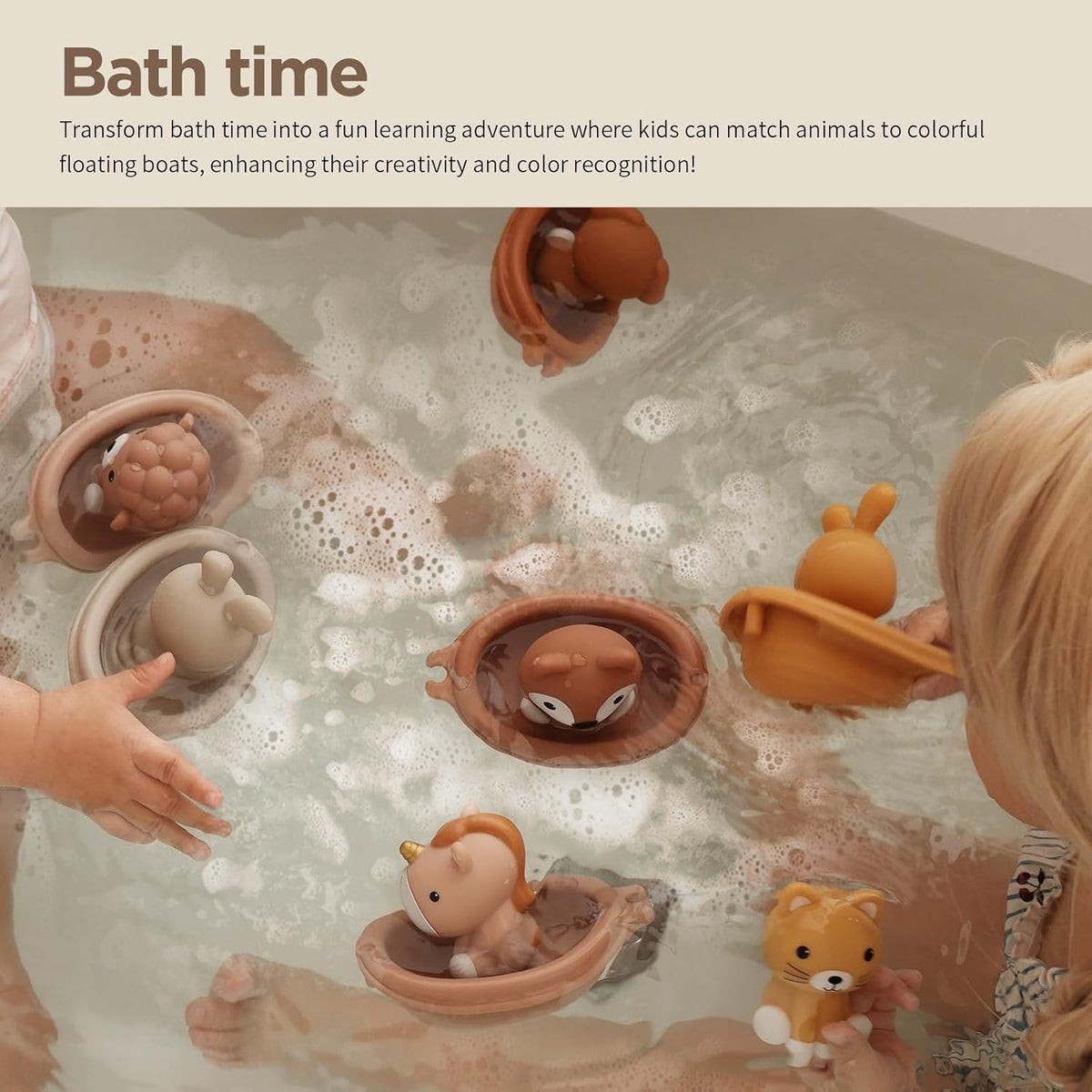 Nueplay Bathtub Toys for Toddlers 18M+，Baby Bath Toys with Animal Finger Puppets， Stackable Boat Train ，Gift for Baby & Toddlers Set of 12