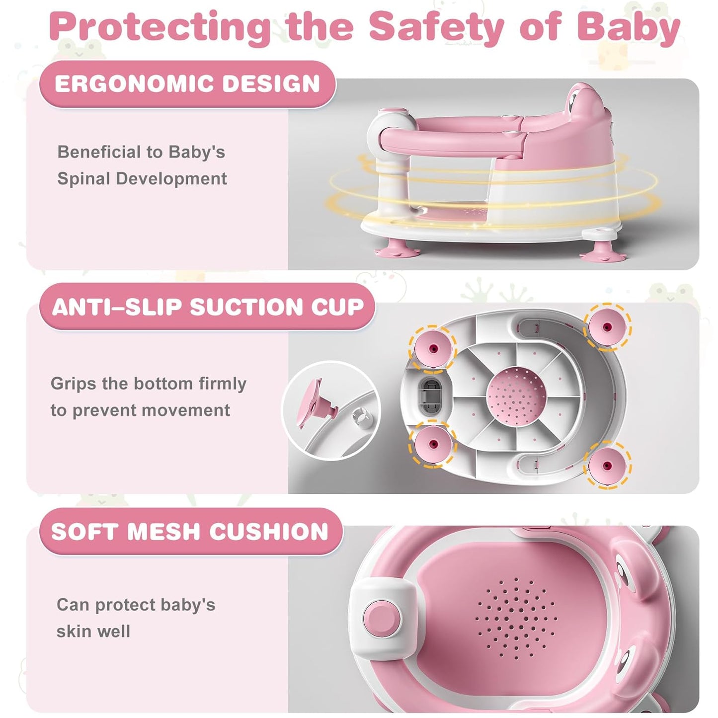 Baby Bath Seat for Babies 6 Months & up Non-Slip Toddler Bath Seats for Sitting Up Infant Bathtub Chair with Suction Cups and Soft Cushion for Baby Shower Tub Seat