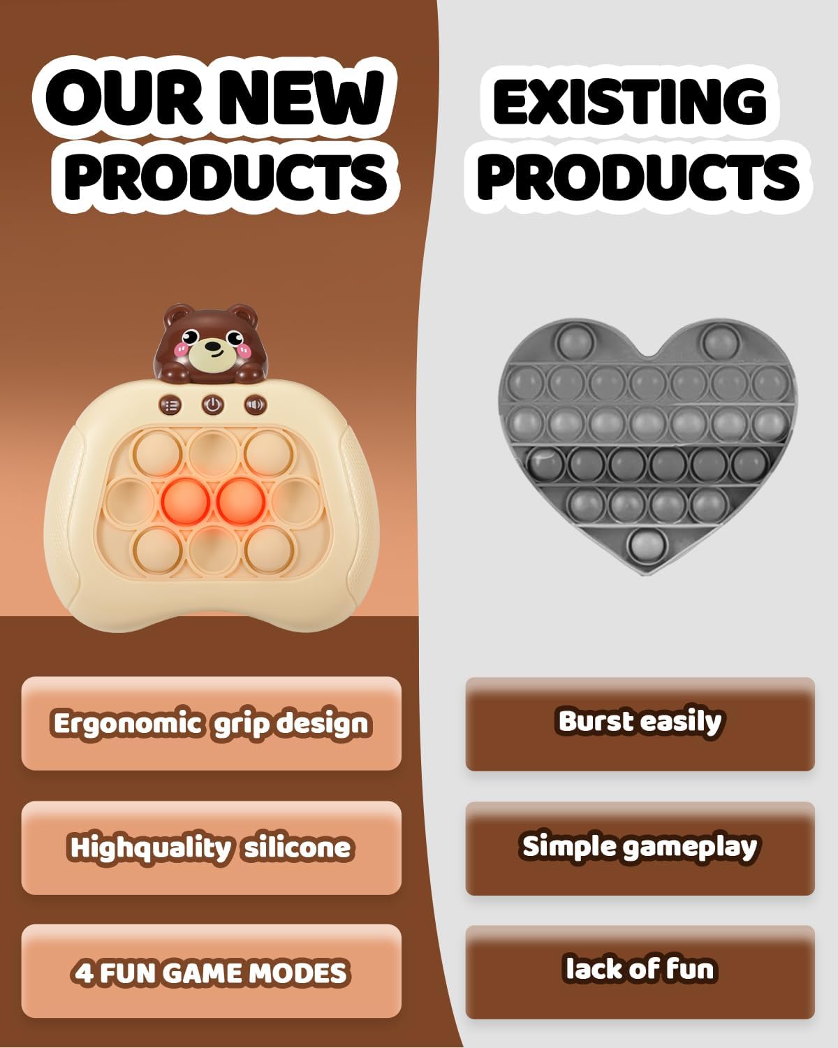 Quick Push Game Console ,4 Modes Games, A Toy Game Machine That Exercises Reaction Ability and Improves Concentration |Teens Boys & Girls Ages 3-12 Years Old & Up (Brown)