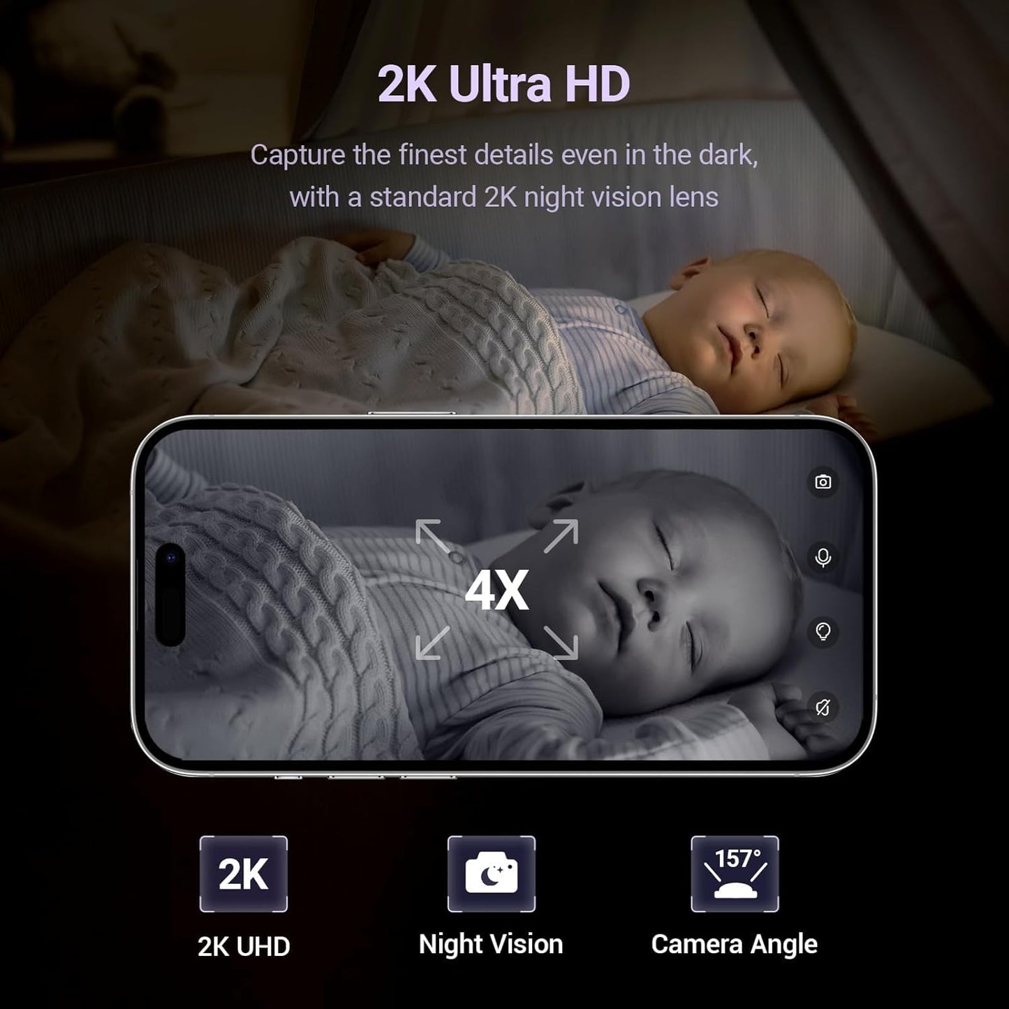 Baby Camera Monitor with Video & Audio, Smart Baby Monitor with Sleep & Breathing Motion Tracker, 2K Night Vision, AI Motion &Cry Detection WiFi Video Camera Monitor No Subscription, Upgrade Ver.