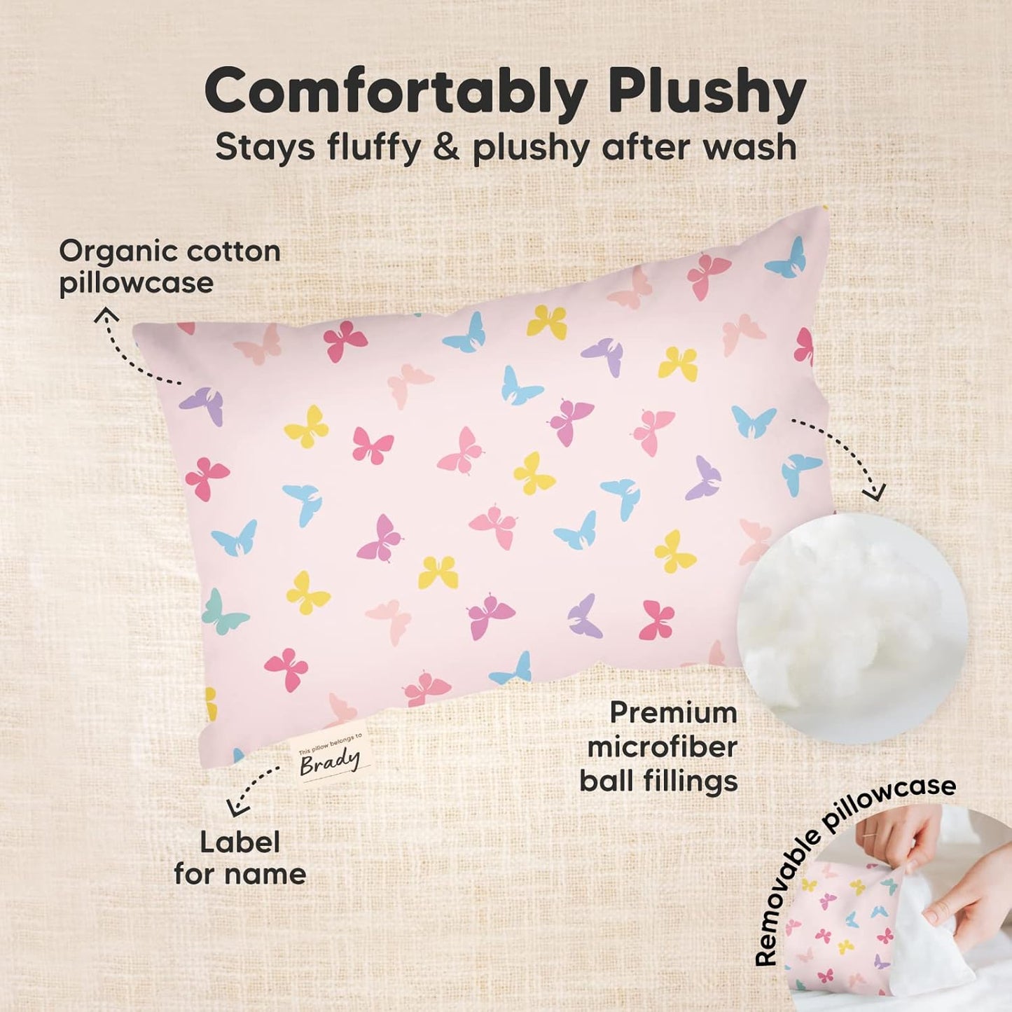 Mini Toddler Pillow with Pillowcase - 9x13 My Little Dreamy Travel Kids Pillow for Sleeping, Toddler Bed, Small, Tiny, Organic Cotton Pillowcase, Soft & Breathable, Kids 2-4 Years Old (Flutter)