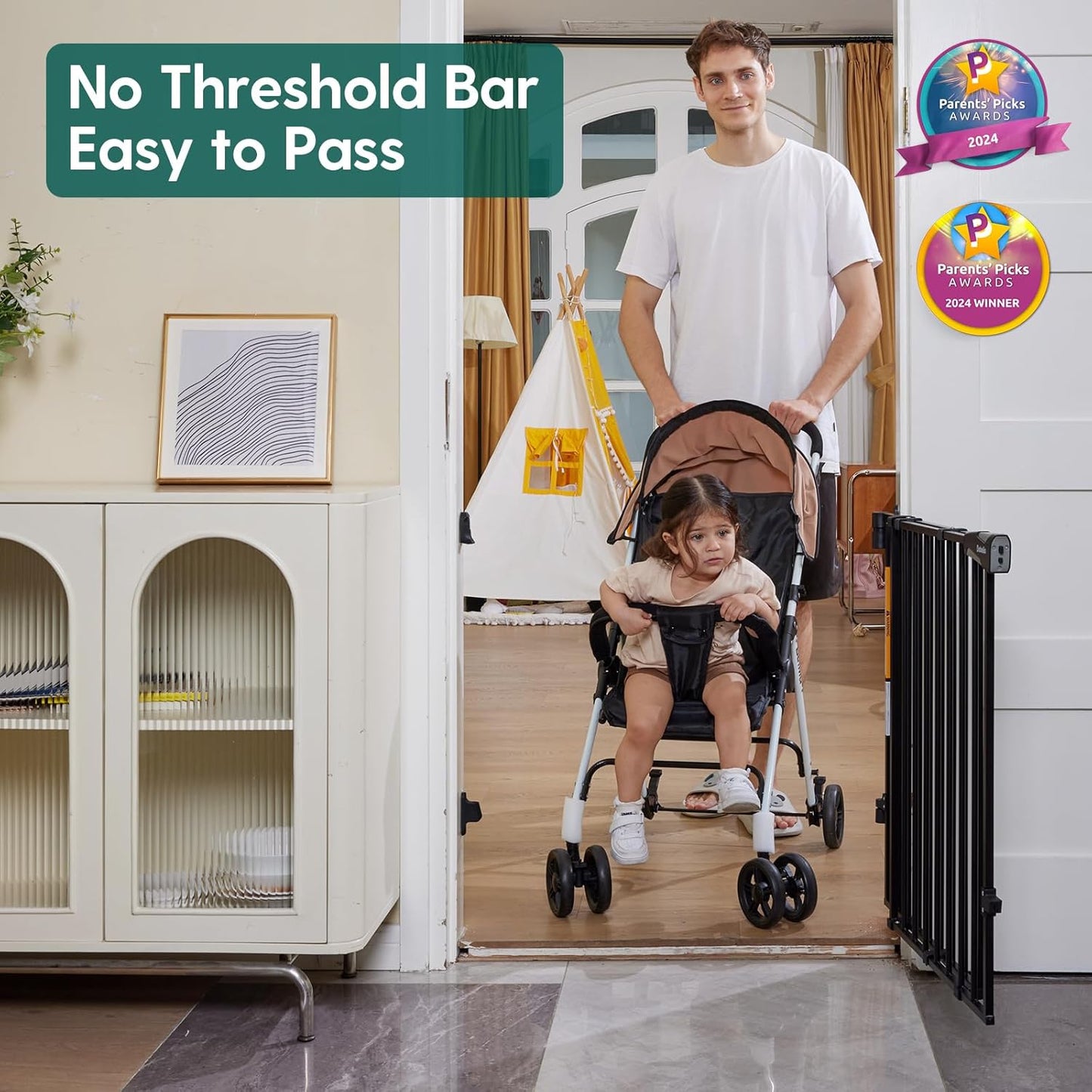 Babelio 34" Extra Tall Baby/Dog Gate with No Threshold Design Walk Thru Door, 26-43" Auto Close Safety Gate for Babies, Elders and Pets, Fits Doorways, Stairs, and Entryways, Black