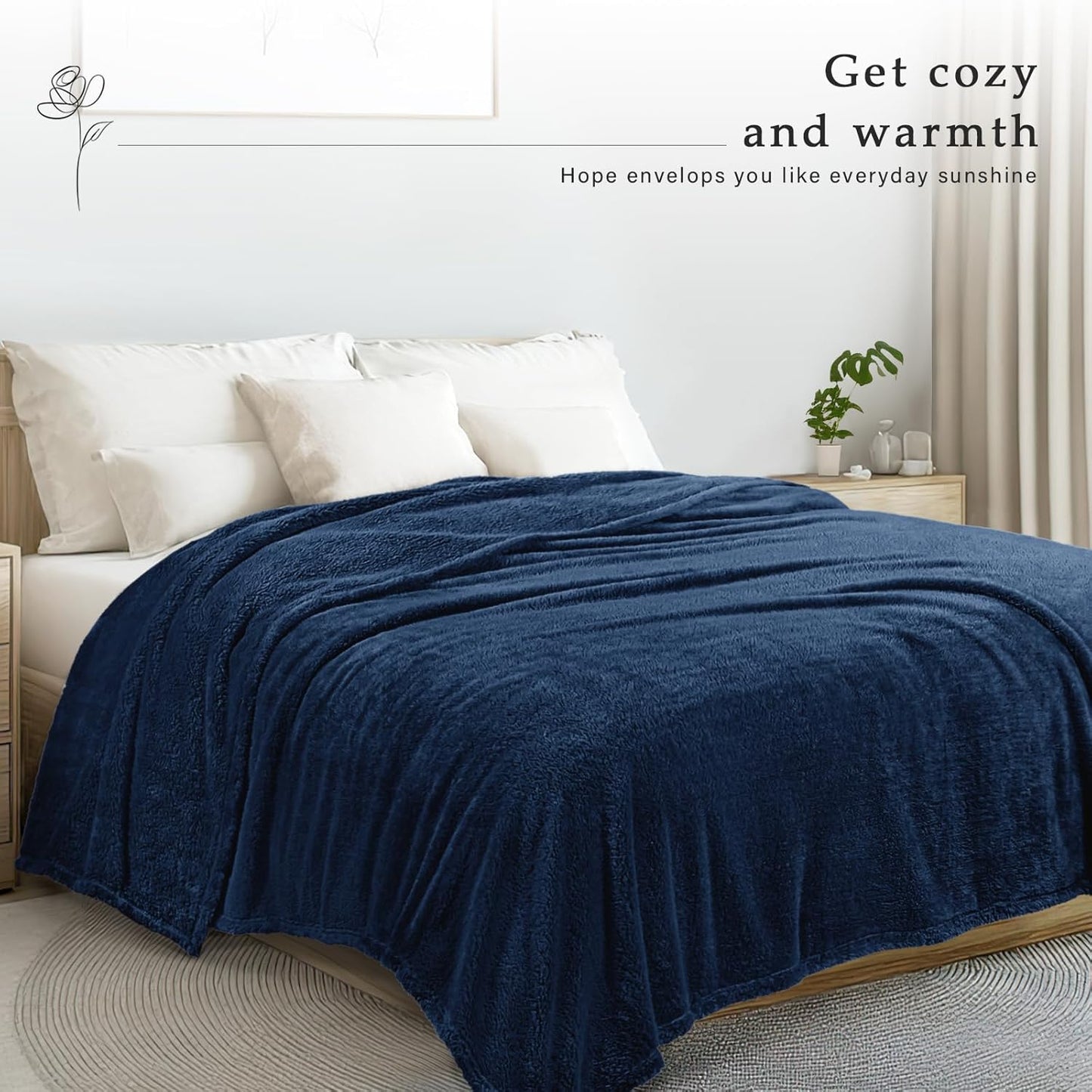 Exclusivo Mezcla Queen Size Flannel Fleece Blanket, Super Soft Velvet Plush Bed Blanket, Fuzzy Cozy and Warm for All Seasons, 90x90 Inches, Navy Blue