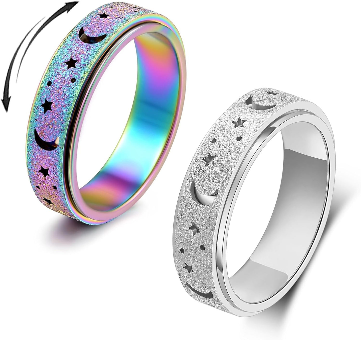 OreilleStar Anxiety Ring for Women Spinner Ring Fidget Ring Fidget Toys Adults Spinner Rings Stainless Steel Silver Rainbow Size 8 Moon Star Band