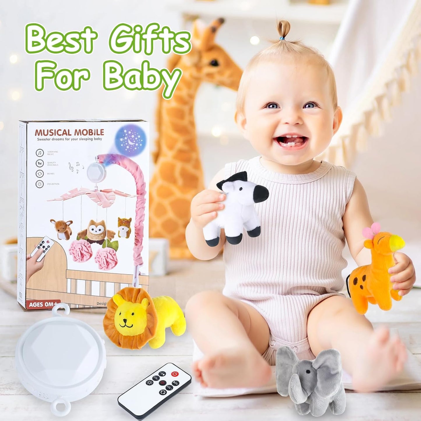 Baby Crib Mobile with Music and Lights, Mobile for Crib with Remote Control, Rotation, Starlight Projection, Crib Toys for Babies Boys Girls(Green)