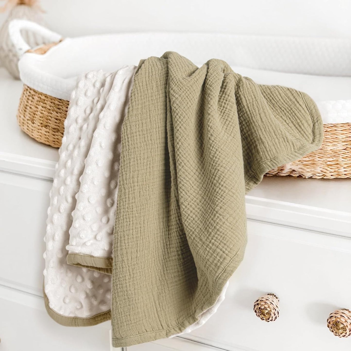 lulumoon Baby Blanket for Newborn Receiving: Minky Dot & Muslin Lightweight - Thermal Blanket Gift for Baby Shower & Hospital Welcoming 30"x40"（Olive）