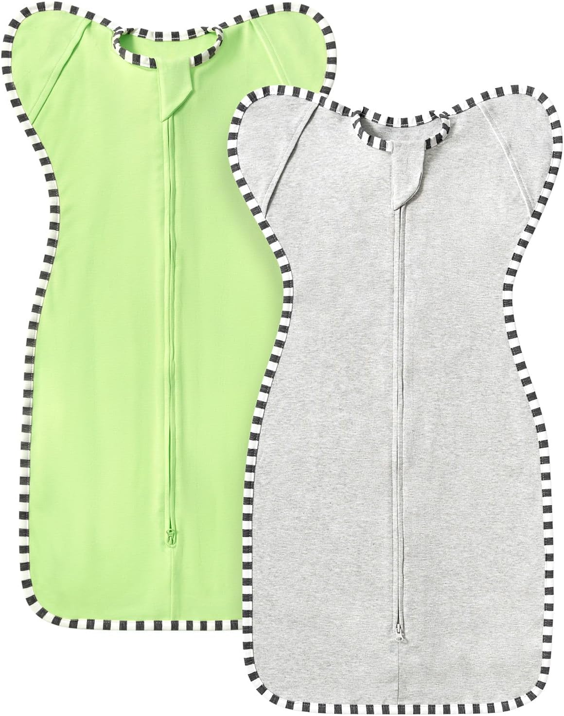 Transition Swaddle, 2 Pack 100% Cotton Baby Sleep Sack, 2-Way Zipper Infant Arm Up Swaddle for Newborn Baby Boys Girls (Light Green + Light Grey, M(3-6 Months))