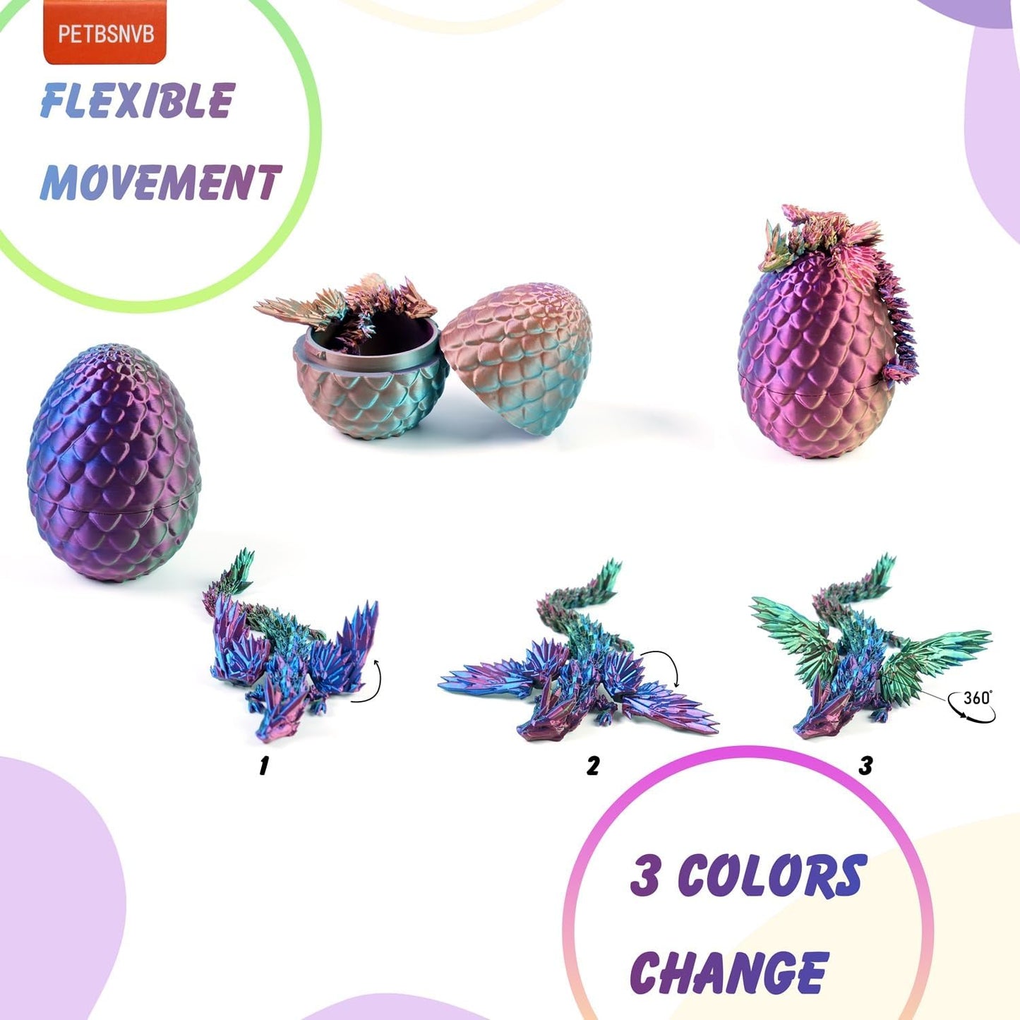 3 Colors 7" 3D Printed Dragon with Wings in Egg, Easter Basket Stuffers, Crystal Dragon Surprise in Eggs, Articulated Dragon, Dragon Fidget Toy, Home Office Decor Executive Desk Toy (Brown)