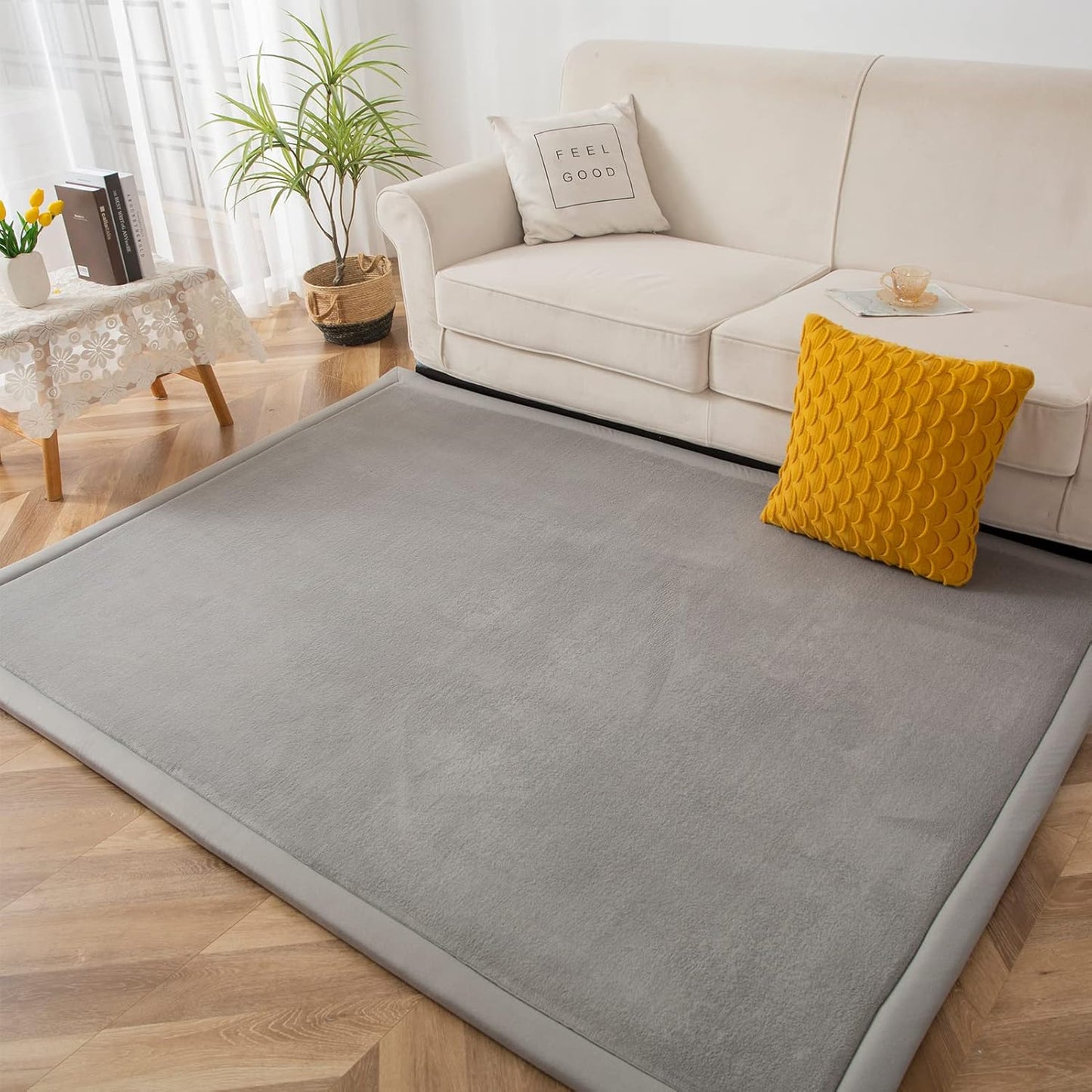 MAXYOYO Grey Coral Velvet Area Rug, Thick Japanese Tatami Mat Living Room Carpet with Non-Slip Backing, Large Solid Color Mat for Bedroom Dormitory Yoga, 78 by 158 inch