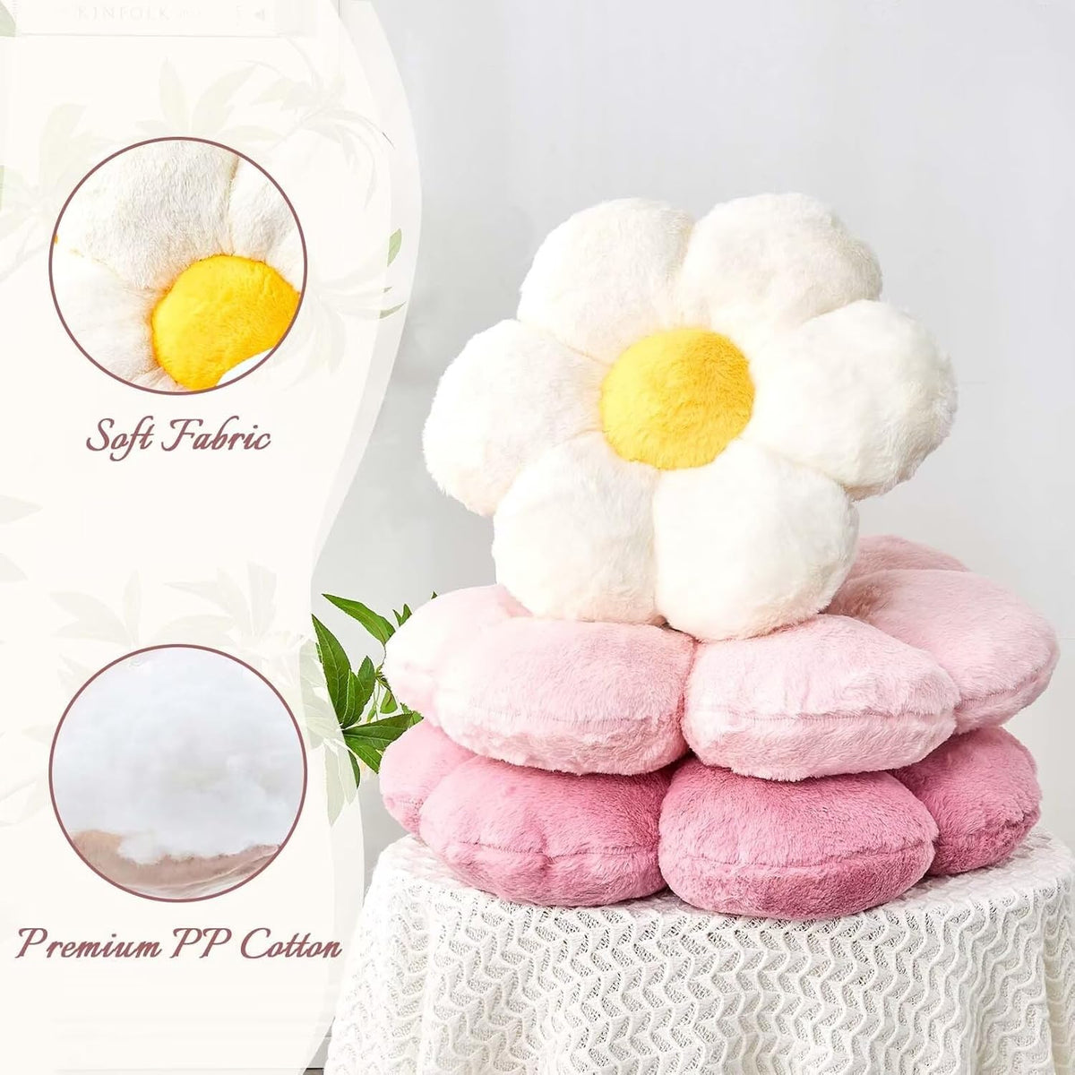 White Flower Plush Throw Pillow, Cute Decorative Flower Shaped with Faux Rabbit Fur, 14.9" Soft Throw Pillow for Bedroom Living Room