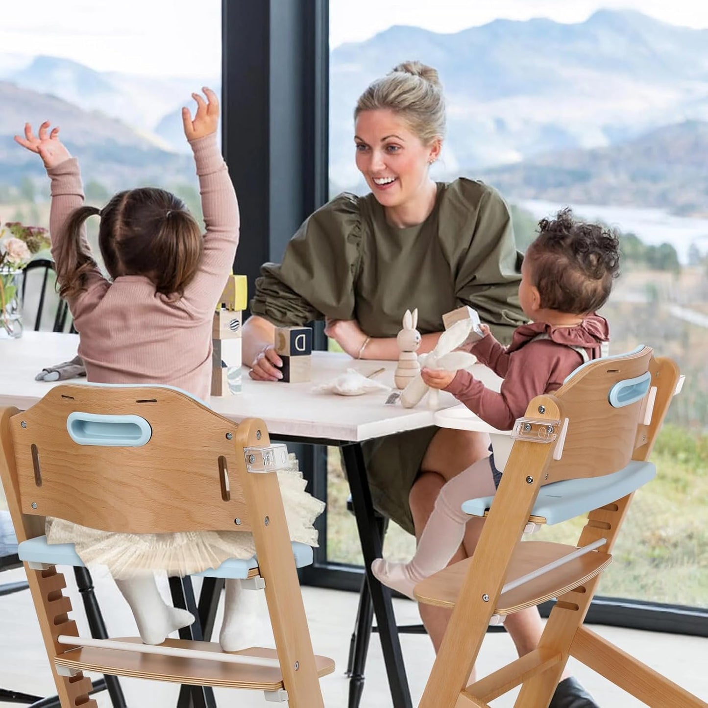 Cowiewie Natural Wooden High Chair for Babies & Toddlers 3-Tier Remove & Adjustable Tray, 8 Adjustable Highchair with Cushions, Portable (Blue)