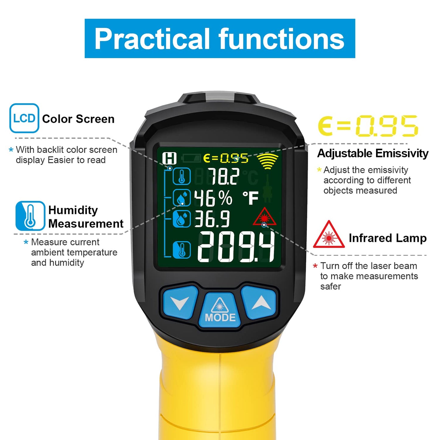 MESTEK Infrared Thermometer Laser Temperature Gun, -58°F to 1472°F (-50~800°C), Non-Contact Digital IR Thermometer Temp Gun Gun with Color LCD for Cooking Pizza Oven, Adjustable Emissivity