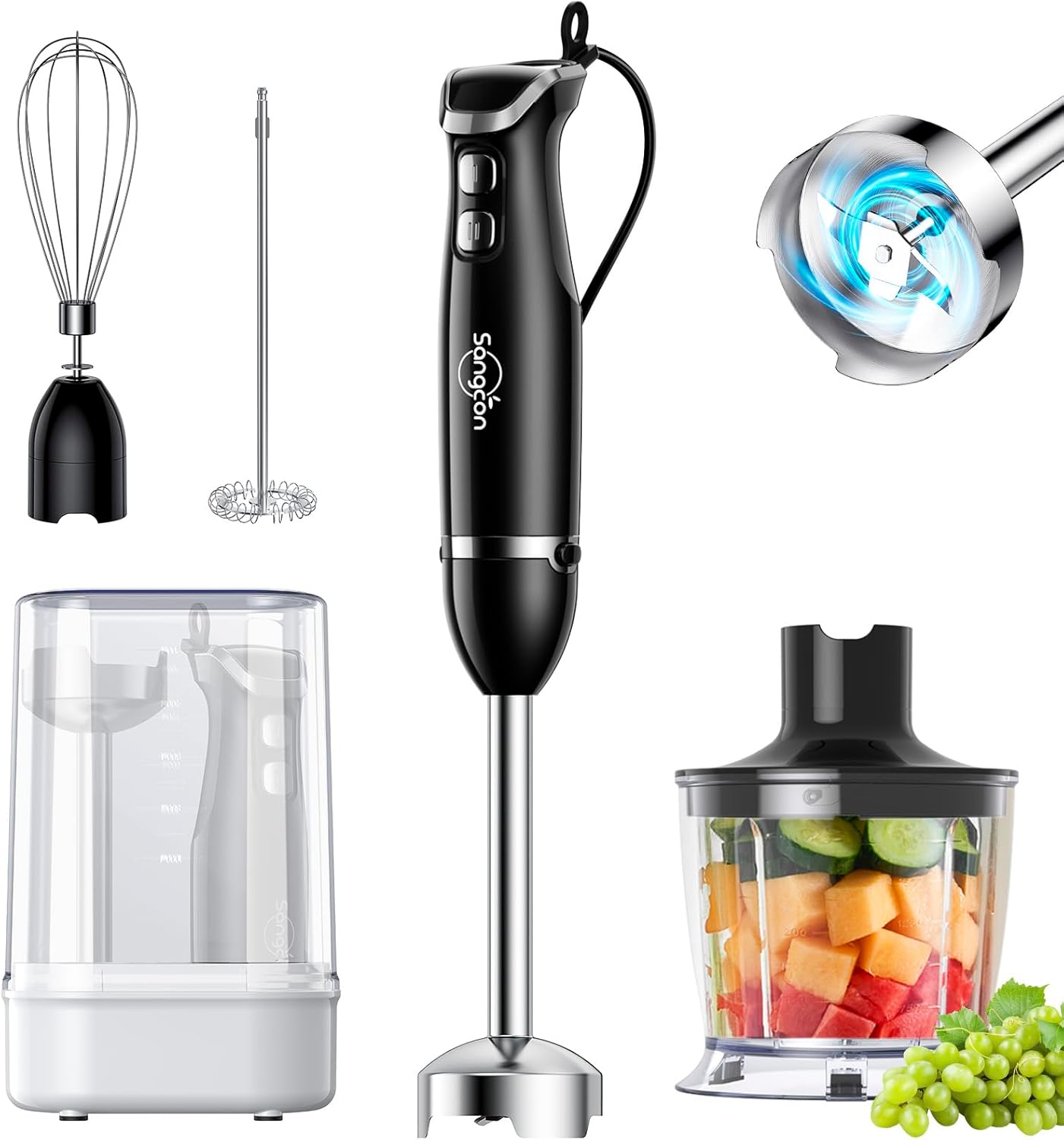 Sangcon 6-in-1 Immersion Blender Handheld, Hand Blender with Chopper & 34oz Blending Cup Storage Base, 2-Speed Adjustable Stick Blender,Stainless Steel Blades, Detachable Blender, Whisk, Milk Frother