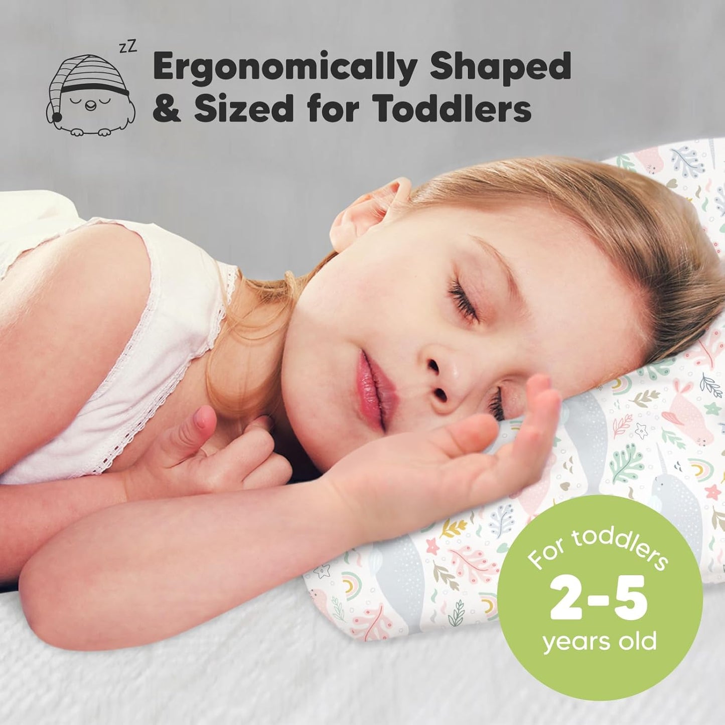 KeaBabies Toddler Pillow with Pillowcase, Jumbo 14X20 - Soft Organic Cotton Toddler Pillows for Sleeping - Machine Washable - Perfect for Travel, Toddler Bed Set (Narwhal)