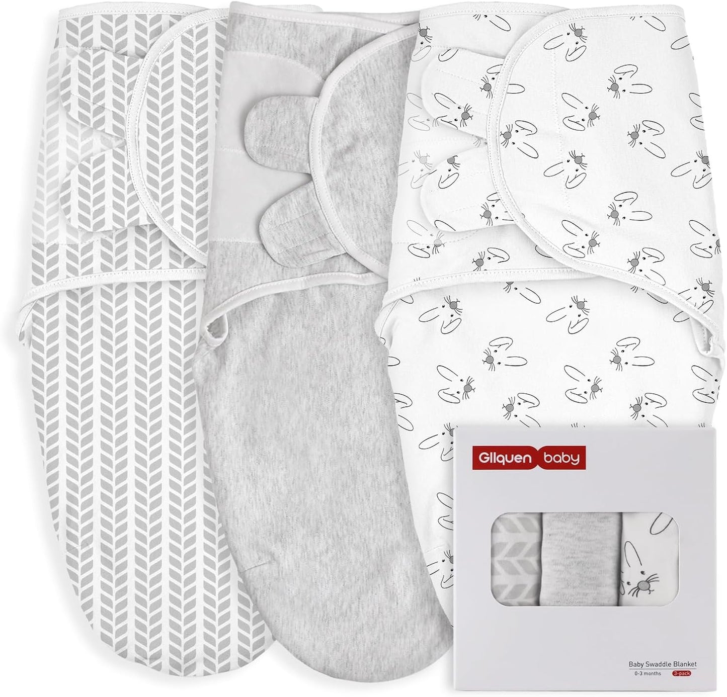 GLLQUEN BABY 3 Pack Newborn Swaddle - Baby Swaddle 0-3 Months for Baby Boys and Grils, Adjustable Sleep Sack for Newborns, Stripes & Bunnies, Swaddling Blankets