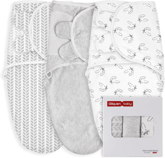 GLLQUEN BABY 3 Pack Newborn Swaddle - Baby Swaddle 0-3 Months for Baby Boys and Grils, Adjustable Sleep Sack for Newborns, Stripes & Bunnies, Swaddling Blankets