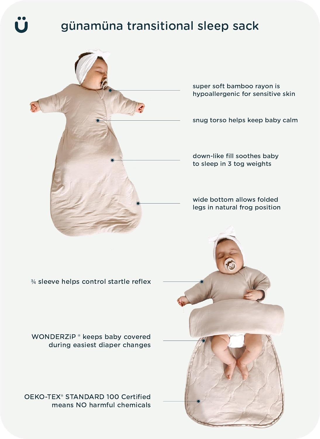 GUNAMUNA Unisex Baby Transitional Swaddle Bag, Easy Diaper Change Zipper, for Toddlers and Infants 3-6 Months, 0.5 TOG