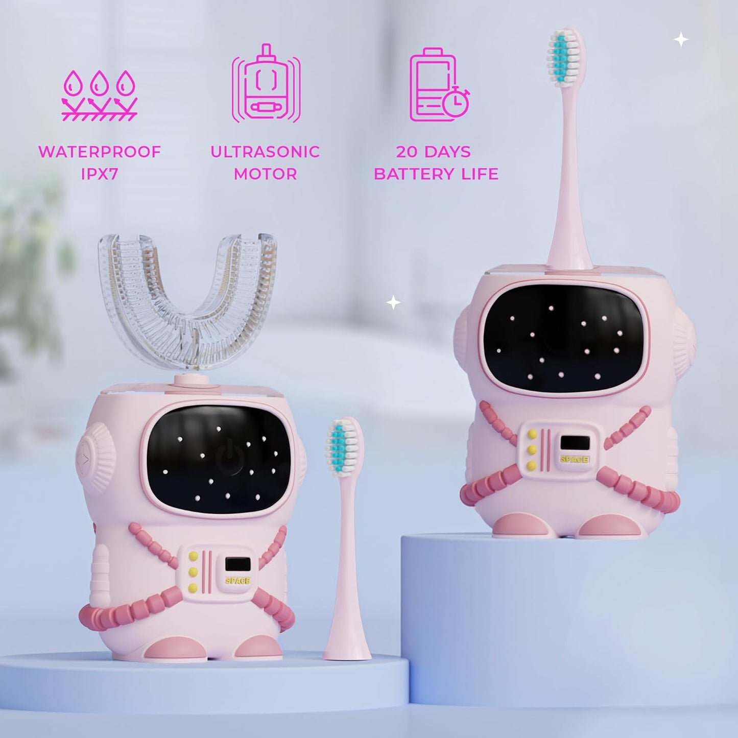 Sensory 360 Round U-Shaped Astronaut Design Mouthguard Electric Toothbrush for Kids Ages 2-7 - Automatic Memory Function - 5 Modes Toothbrush with Multiple Heads – Kids Travel Essentials (Pink)