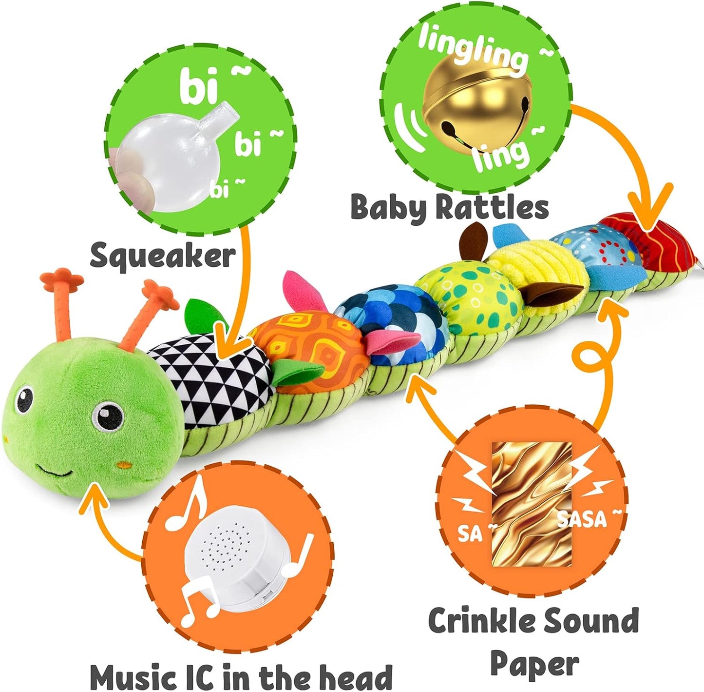 LIGHTDESIRE Baby Toys Musical Caterpillar,Infant Stuffed Animal Toy with Crinkle and Rattles,Soft Sensory Toys with Textures for Tummy Time Newborn Boys Girls 0 3 6 12 Months(Green)