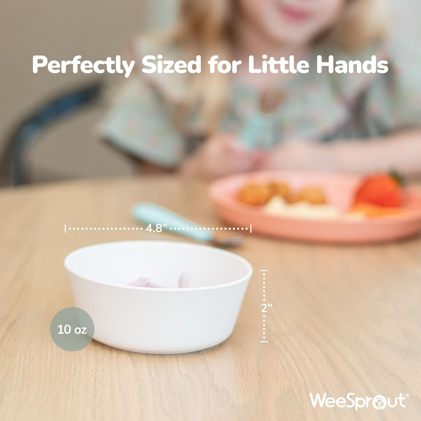 WeeSprout Bamboo Kids Bowls, Set of Four 10 oz Kid-Sized Dinnerware, Cereal, Leftovers & Snack Bowl, Dishwasher Safe (Pink, Green, Gray, & Beige)