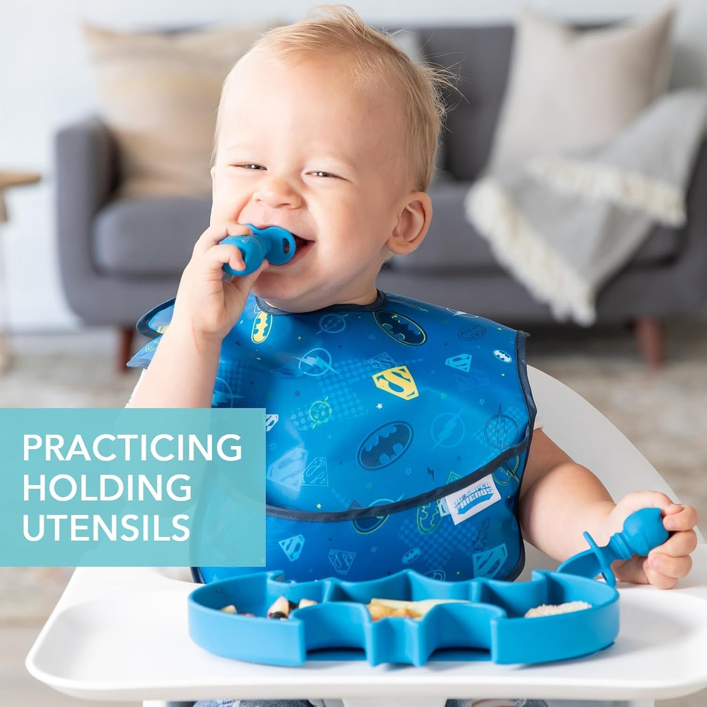 Bumkins Baby Utensils Set, Chewtensils Silicone Spoons for Dipping, Self-Feeding, Baby Led Weaning, Trainer Learning, First Stage Eating, Soft Practice Fork and Spoon, 6 Months, Batman Blue
