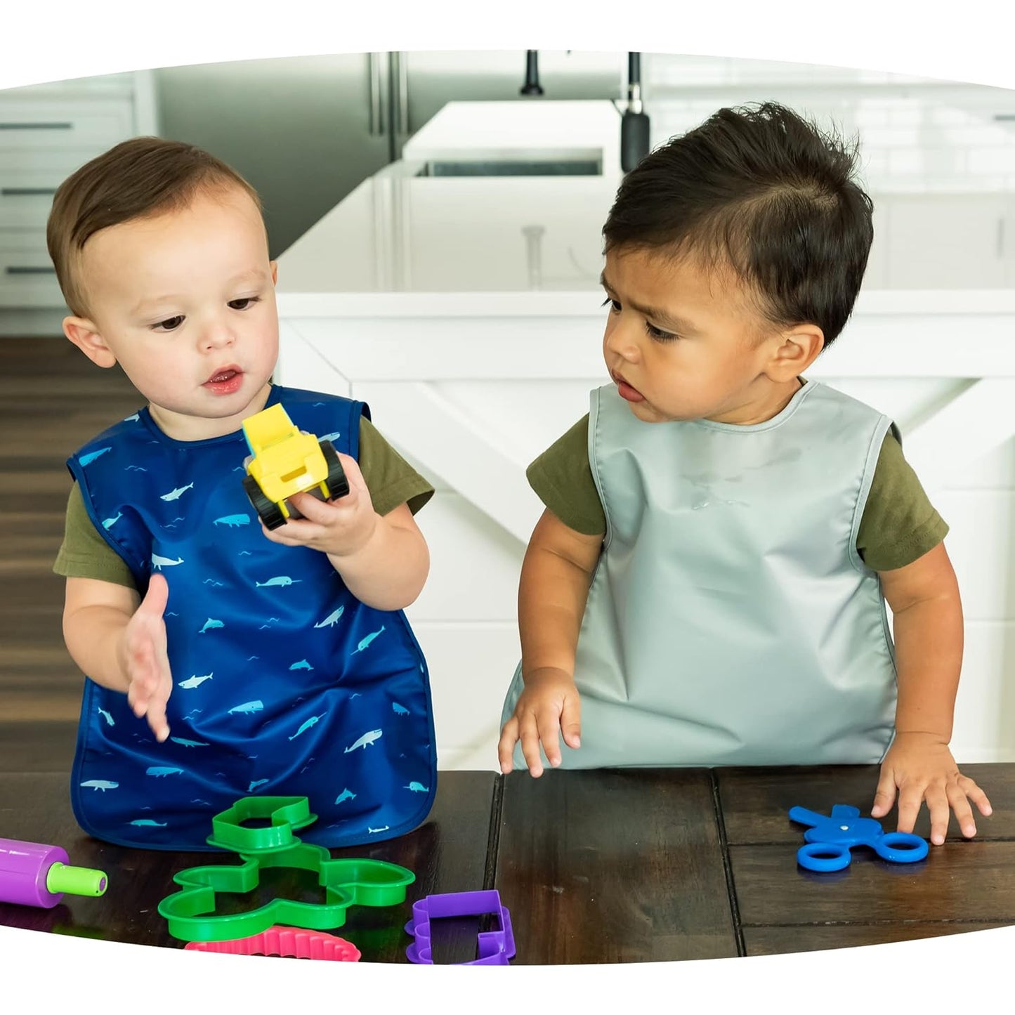 Tiny Twinkle Mess Proof Apron Bibs - 2 Pack Waterproof & Lightweight Baby Bibs for Led Weaning | 100% Recycled Polyester, Easy Clean & Machine Washable (Sage Charcoal, Large 2-4 Years)