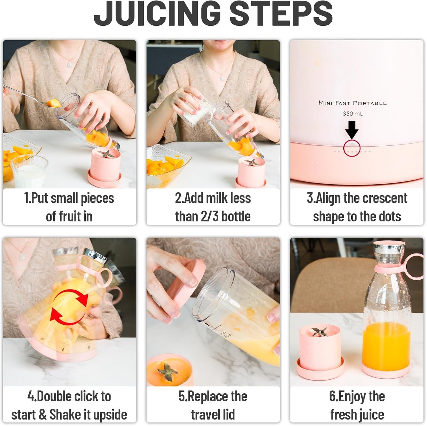 OTPEIR Portable Blender for Shakes and Smoothies with 11.83 Oz Travel Cup and Lid,Durable Stainless Steel Blades for Juice Blending Performance, Pink