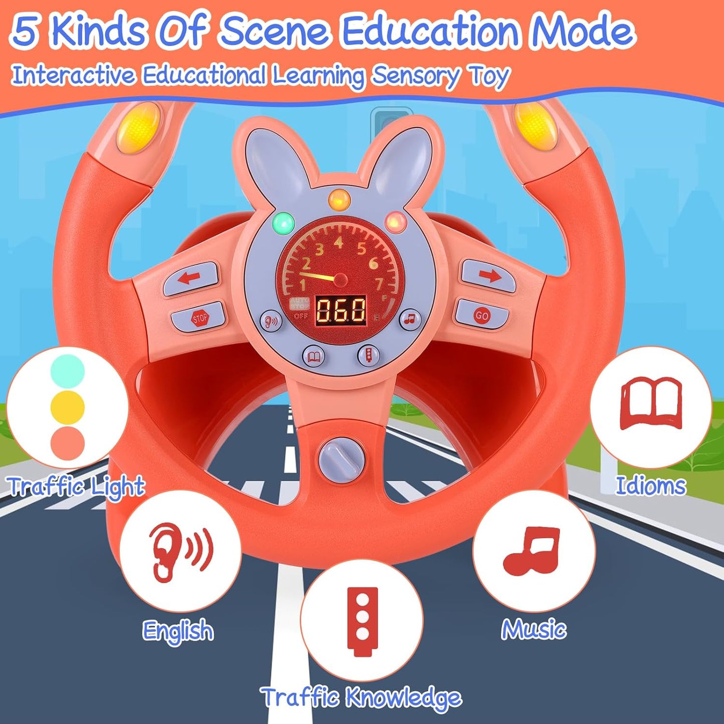 Steering Wheel Toy,Driving Steering Wheel Toy for Kids Backseat,Interactive Educational Learning Sensory Toy with Vibration,Simulated Car Toys with Light Songs for Infant Preschool Kids Toddler Gifts