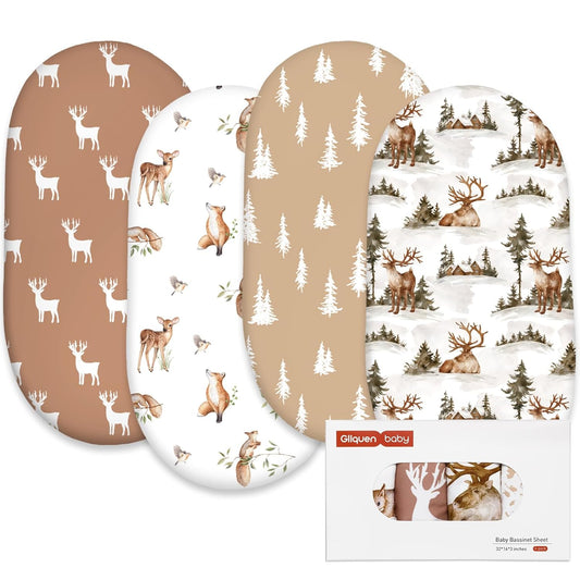 Gllquen Baby Bassinet Sheets 4 Pack, Breathable Cozy Fitted Mattress Sheet, Elastic Travel Crib Fashionable Floral Pattern, Standard Cradle Safe Sheets for Baby Boys Girls 32"x16" (Christmas elk)