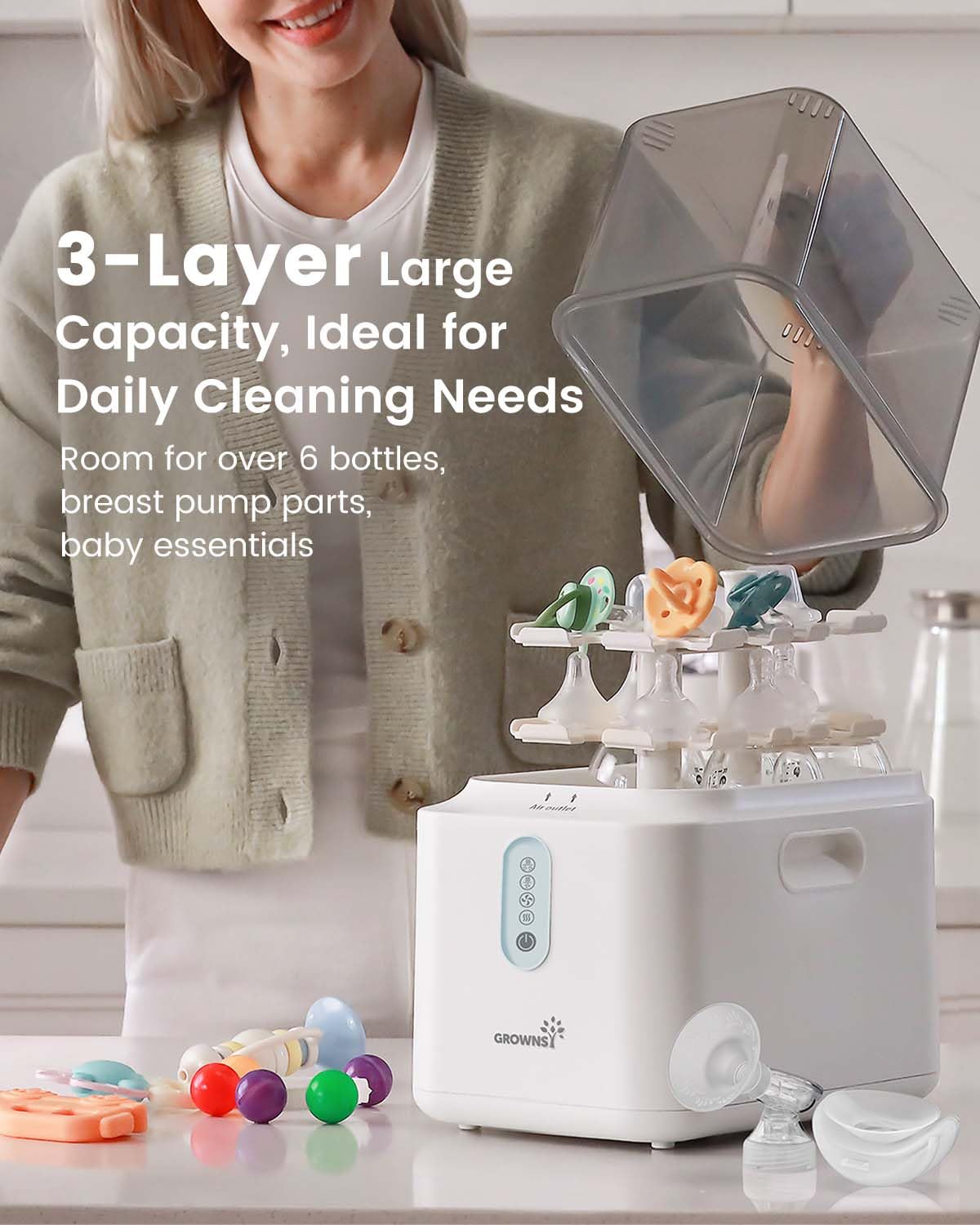 Grownsy 3-Layer Large Bottle Sterilizer and Dryer, Fast Sterilization and Drying, Universal Bottle Sterilizer for Baby Bottles, Breast Pump Parts & Baby Essentials
