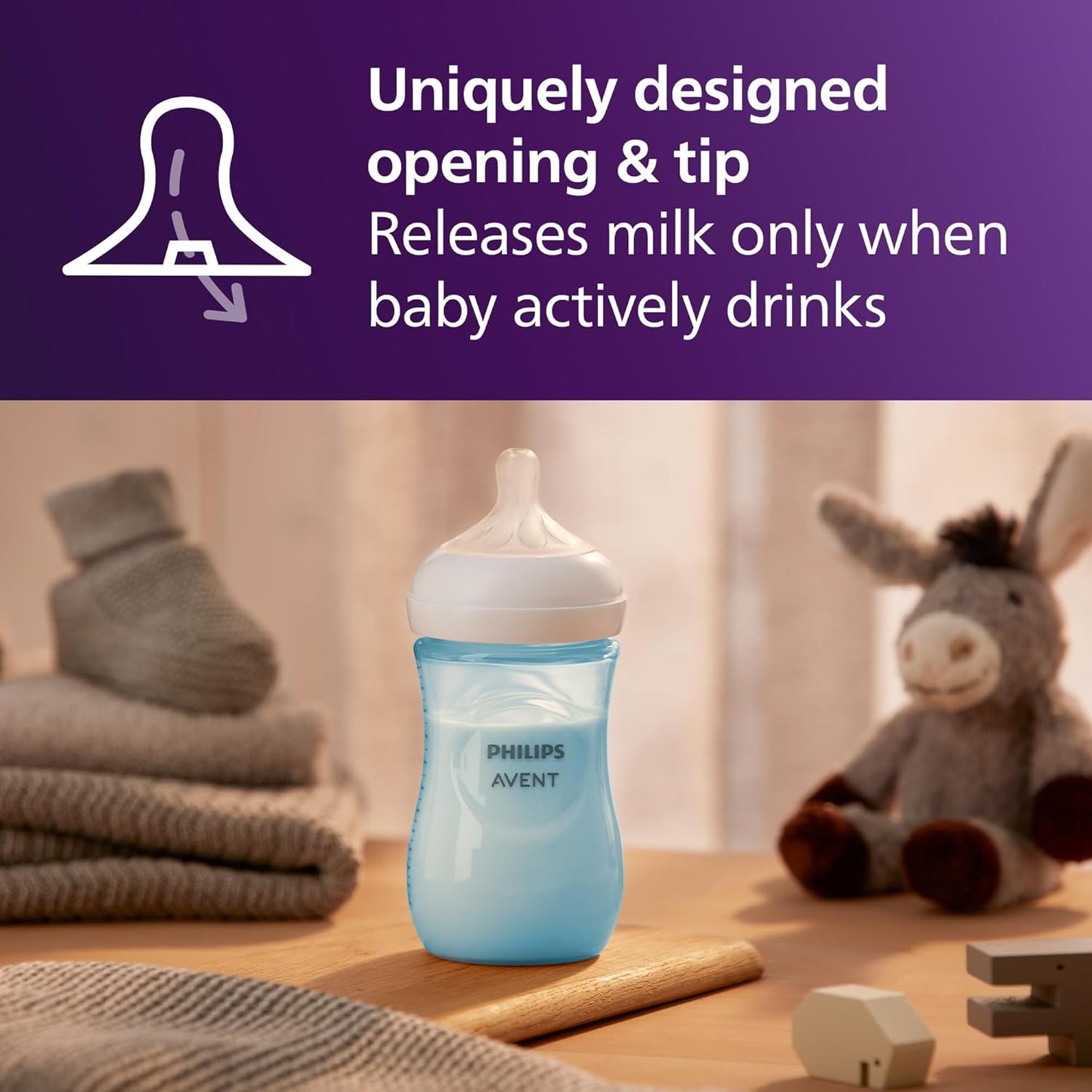 Philips Avent Natural Baby Bottles with Natural Response Nipples (Medium Flow, Flow 3), 9oz, Blue, 4-Pack, SCY903/24