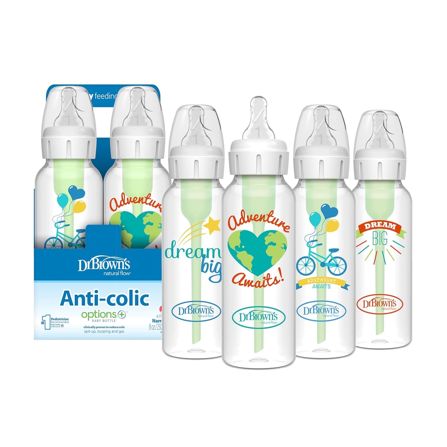 Dr. Brown's Natural Flow Anti-Colic Options+ Narrow Baby Bottle, Dream Adventure, 8 oz/250 mL, with Level 1 Slow Flow Nipple, 0m+, 4 Count (Pack of 1)
