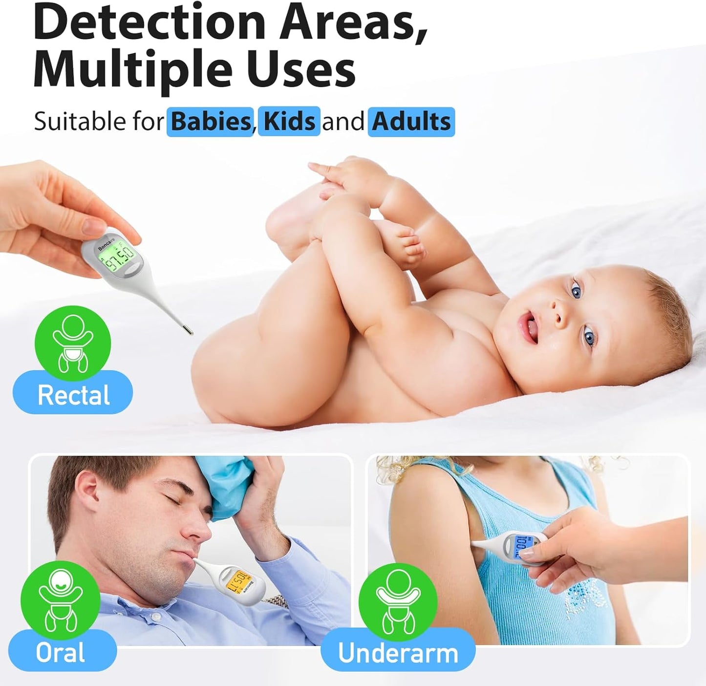 Boncare 9 Seconds Basal Body Thermometer for Ovulation, Oral Thermometer for Adults and Kids - Accurate Rectal Thermometer, with Fever Alarm and Large Display (Rice-White)