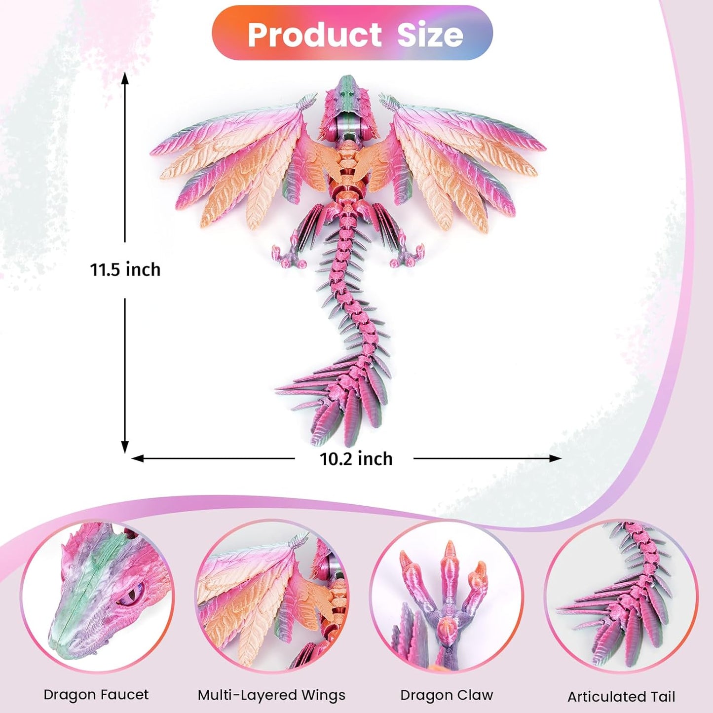 3D Printed Dragon with Wings,3D Printed Animals Toy,Crystal Dragon Fidget Toys,Full Articulated Dragon Crystal Dragon,Adults Fidget Toys for Autism ADHD