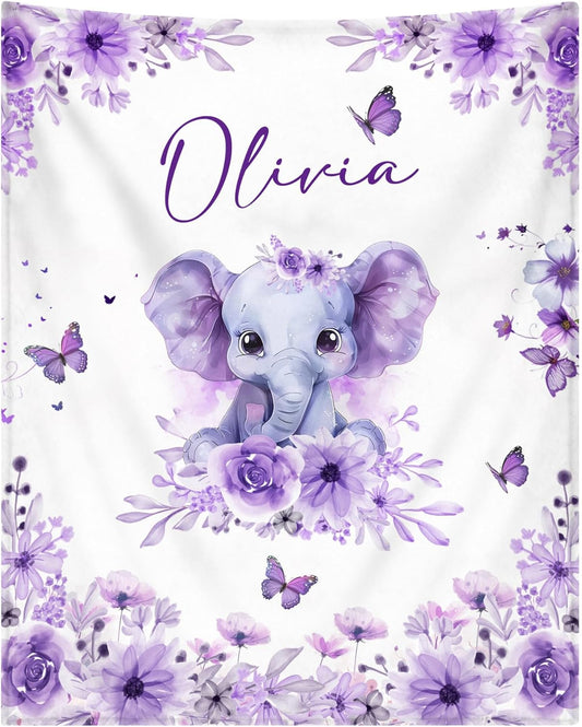Personalized Baby Blanket for Girls Custom Baby Blanket with Name for Kids Custom Elephants Blanket for Infant Toddler Soft Newborn Bed Throw Personalized Baby Gift for Birthday Baby Shower Christmas