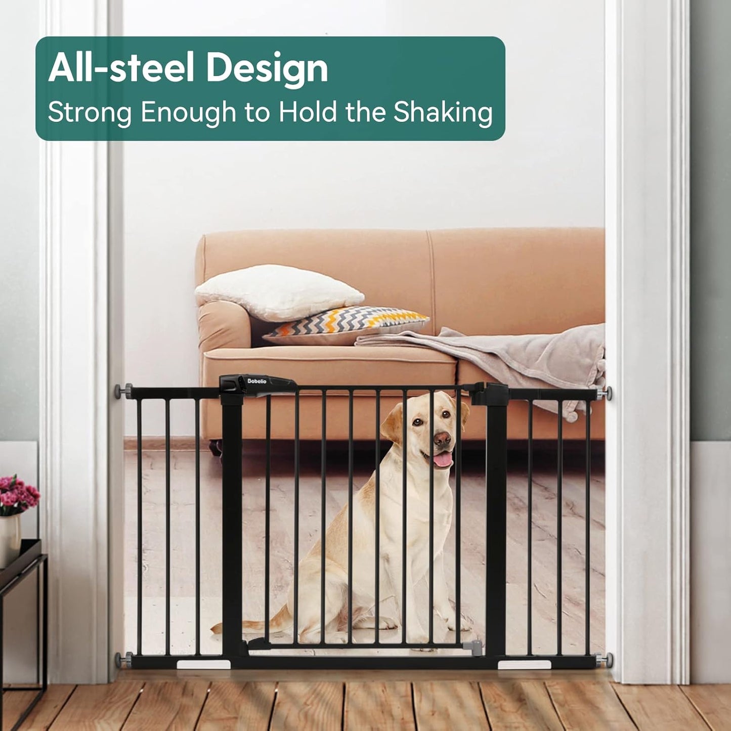 Babelio Metal Baby Gate, 29-48" Auto Close Easy Install Pet Gate, Extra Wide Walk Thru Child Safety Gate, Pressure Mounted Dog Gate for Doorways and Stairs, with Y Spindle Rods, Black