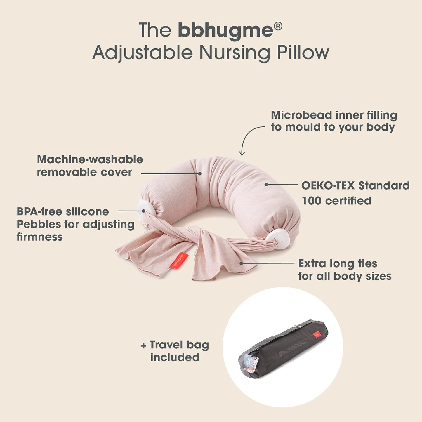 bbhugme Adjustable Nursing Pillow - Breastfeeding, Bottle Feeding, Baby Support - Adjustable Firmness and Fit - Washable Pillow Cover - Pink Melange…