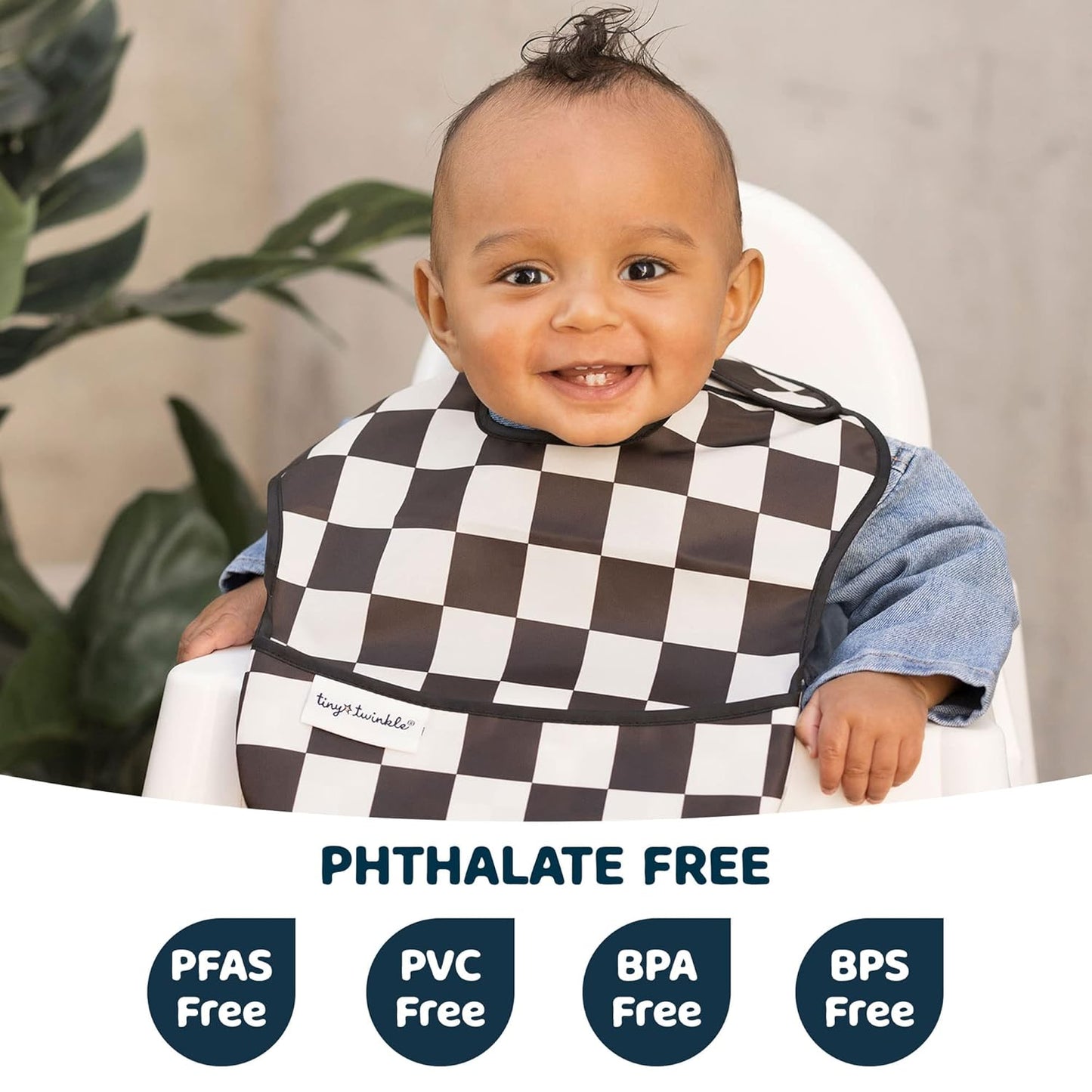 Tiny Twinkle Mess-Proof Baby Bib - Waterproof Bib for Baby Boy or Girl - Machine Washable - Adjustable Closure - PVC, BPA, & Phthalate Free - Great for Travel - Baby Food Bibs (3 Pack, Checkers Boy)