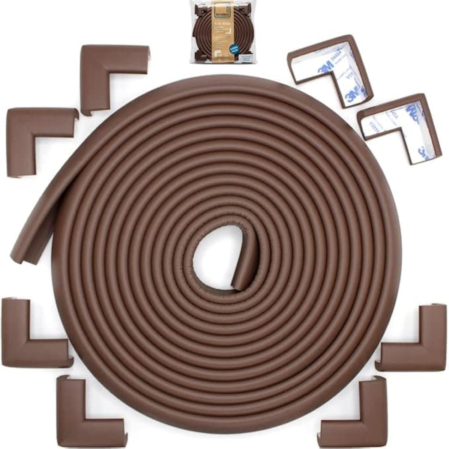 Roving Cove Slim-Fit Corner Edge Protector for Baby Proofing (Small 18ft Edge 8 Corners), Furniture Safety Bumper Guard, Soft NBR Rubber Foam, 3M Adhesive, Coffee Brown