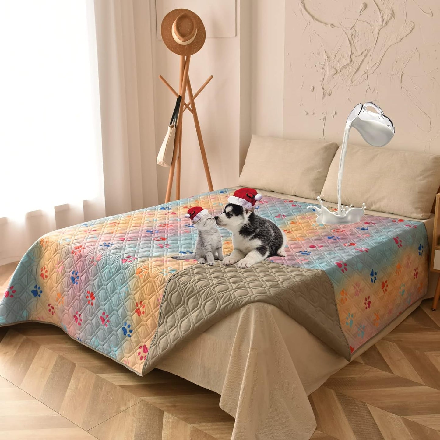 100% Waterproof Dog Bed Cover 52x82 inch Reversible Changing Pad Reusable Camping Mat for Kids/Pet/Dog/Cat Washable Geometric Embroidery Blanket Patchwork Rainbow Dog Paw Printed+Gray