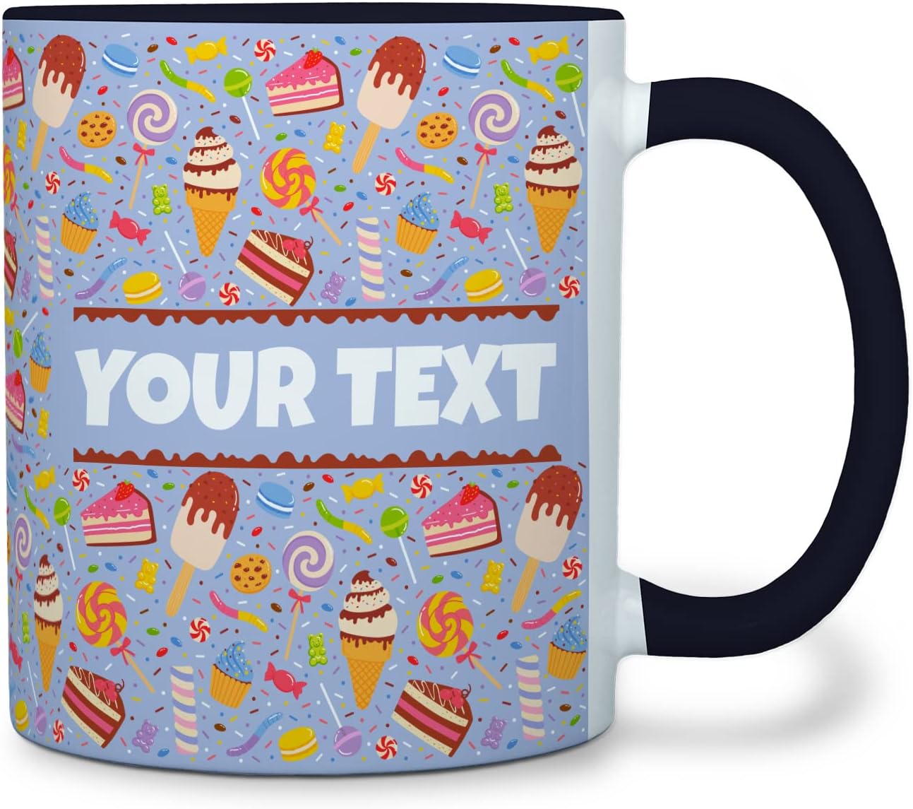 Personalized Mug for Kids - Sweets - Custom Name/Text, Ceramic Hot Chocolate/Cocoa/Coffee Cup for Boys/Girls, Birthday/Christmas/Holiday Gift - 11 oz, Black Handle
