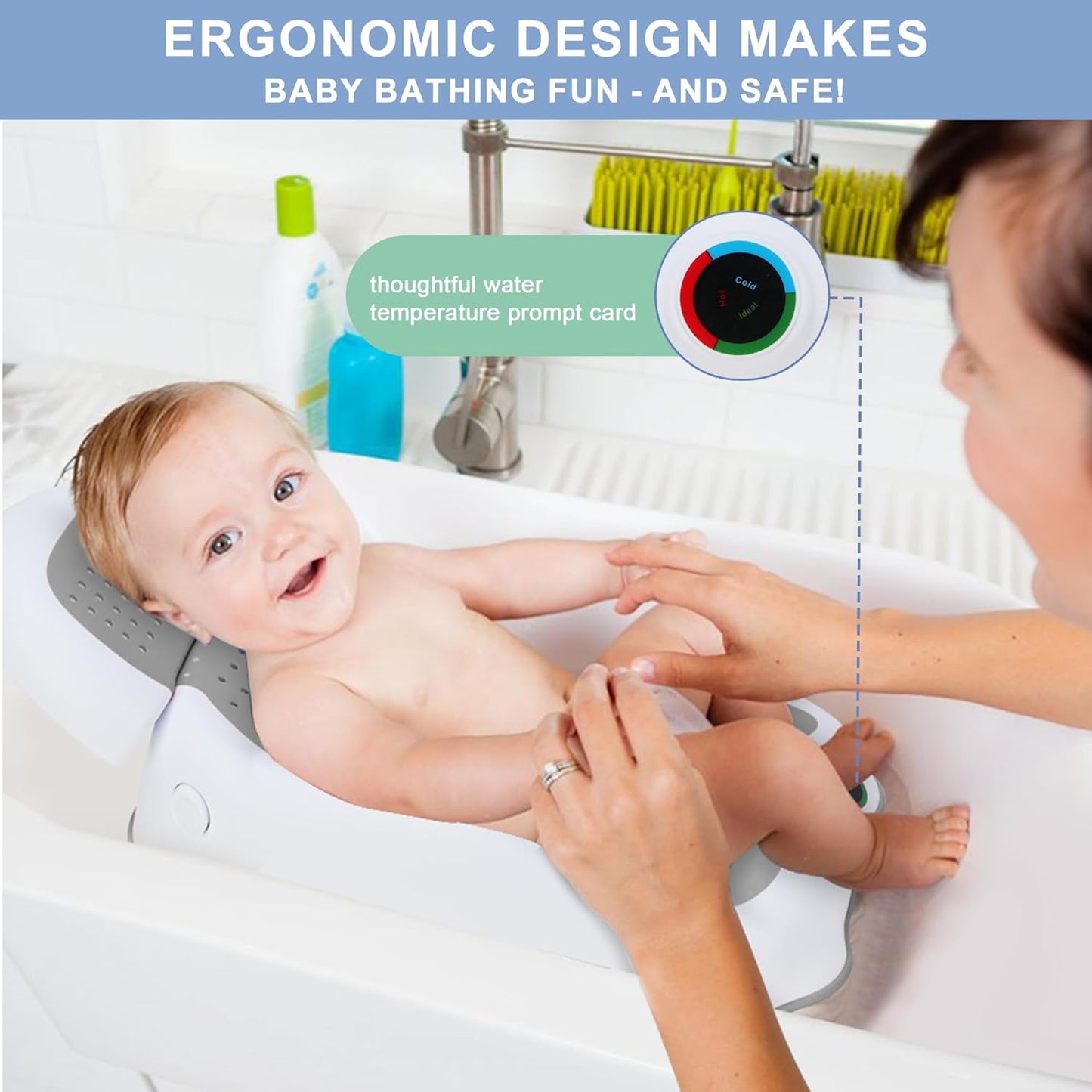 Baby Bath Support,Ideal for Babies Less Than 6 Months Old,with Thermometer-Adjustable Slope Newborn Bathtub, Baby tubs for Baby tubs for Newborn Essentials Must Haves (Gray)