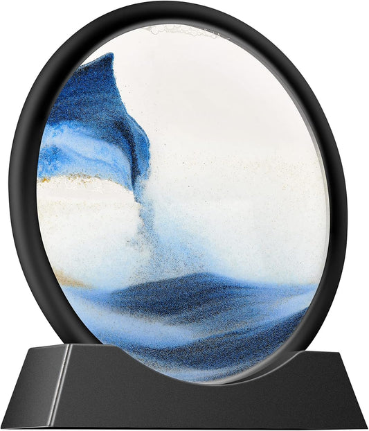 Liquid Motion Sandscape Round Moving Sand Art Sensory Toy Anxiety Fidget ADHD Relaxation Toy Home Office Desktop Decoration (Blue, 7-in)