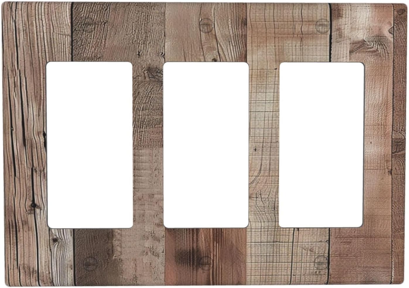 Decorative Outlet Covers Retro Wood Plank Vintaga Wooden Board 3 Gang Wall Plate Triple Rocker Light Switch Cover Plate Jumbo Electrical GFCI Faceplate for Bedroom Home Decor