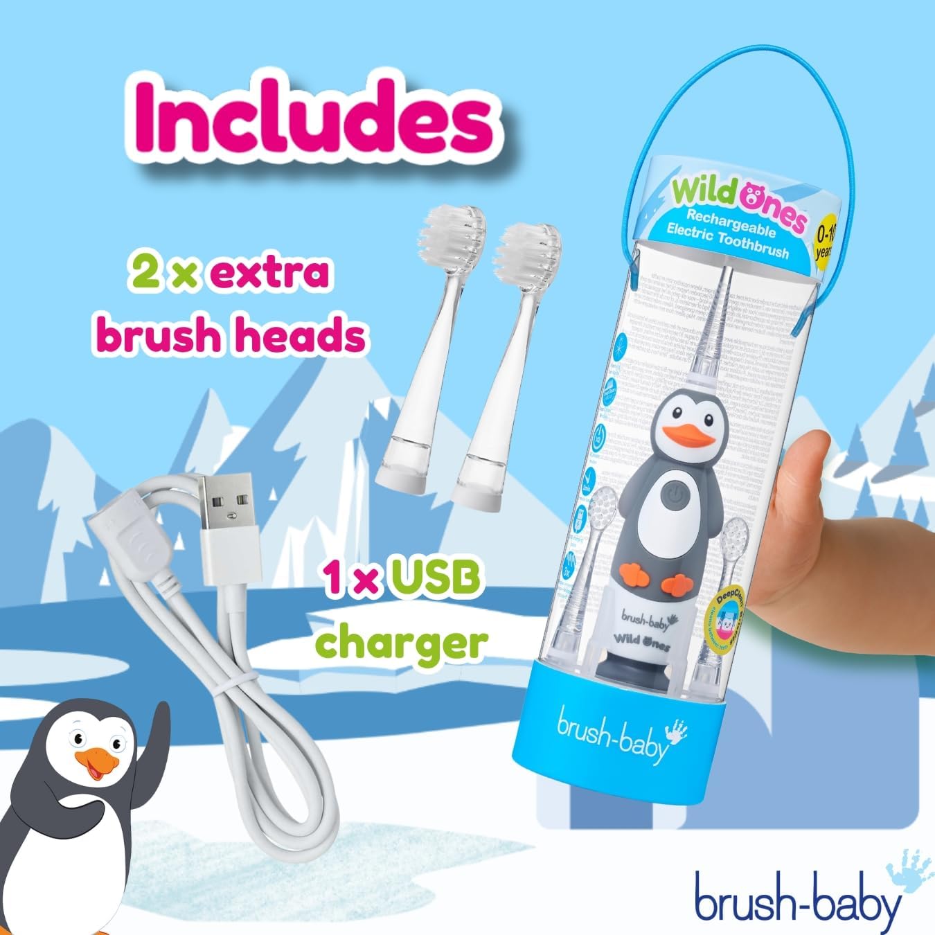 brush-baby WildOnes Kids Electric Rechargeable Toothbrush Penguin, 1 Handle, 3 Brush Heads, USB Charging Cable, for Ages 0-10 (Penguin)
